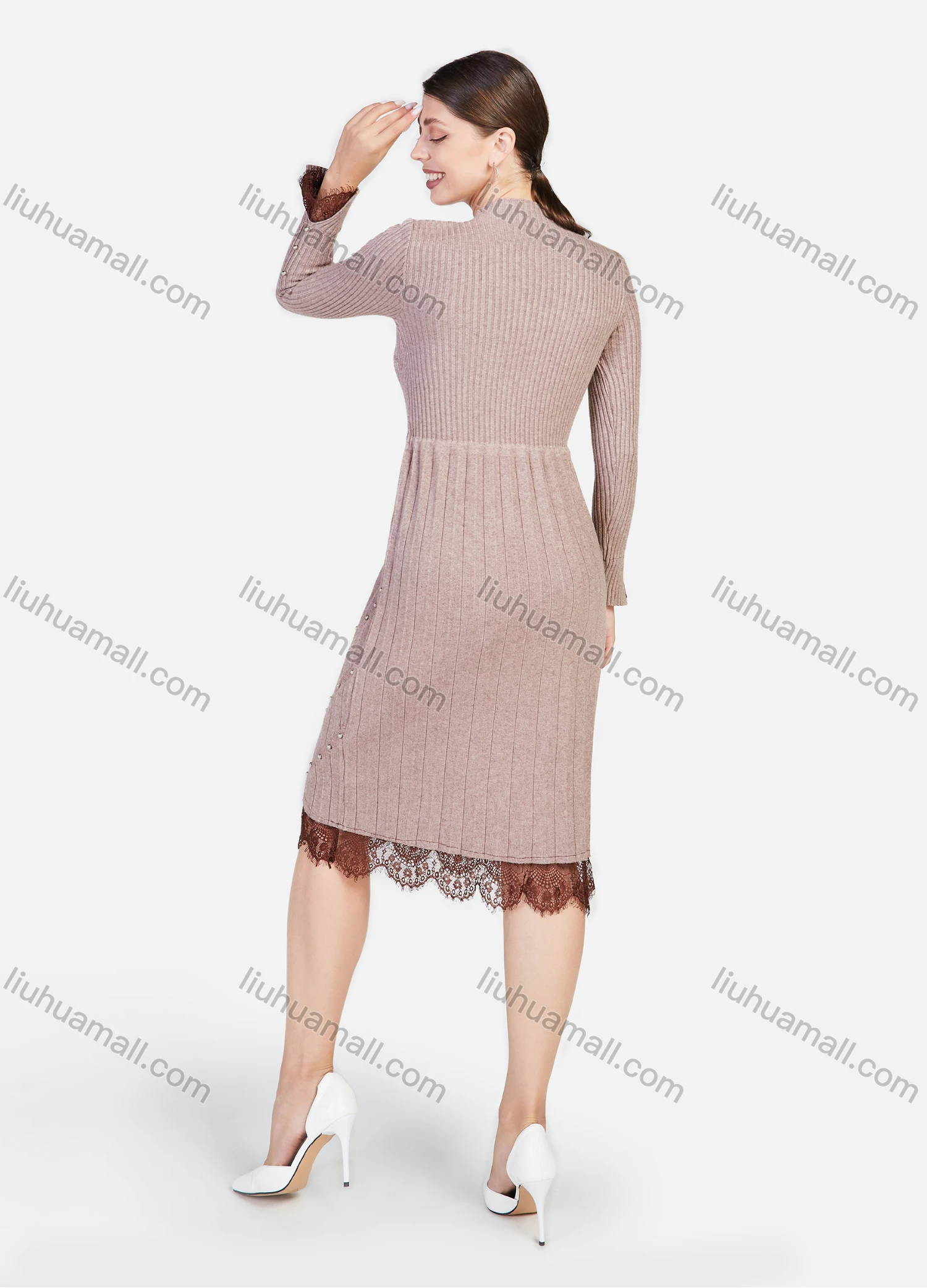 Wholesale Women's Rib-Knit Plain Mock Neck Long Sleeve Lace Pearl Decor Elegant Casual Knee Length Dress - Liuhuamall