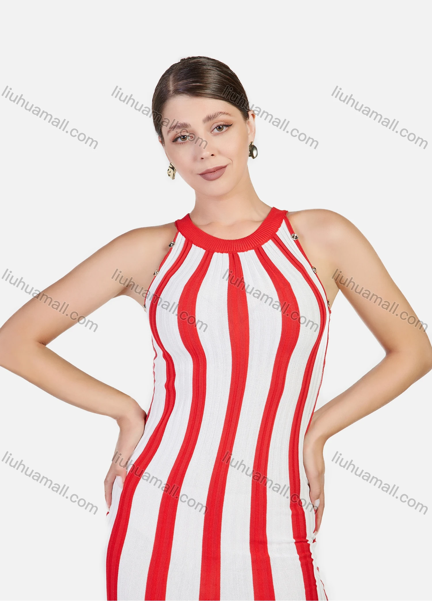 Wholesale Women's Sleeveless Striped Print Round Neck Retro Pencil Short Dress - Liuhuamall