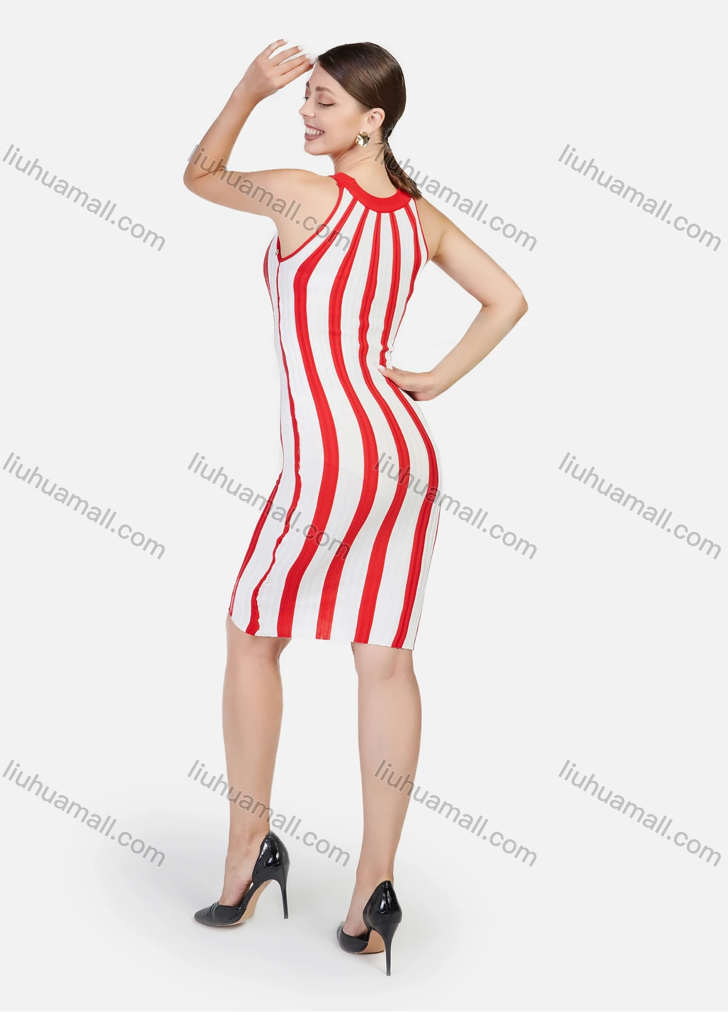 Wholesale Women's Sleeveless Striped Print Round Neck Retro Pencil Short Dress - Liuhuamall