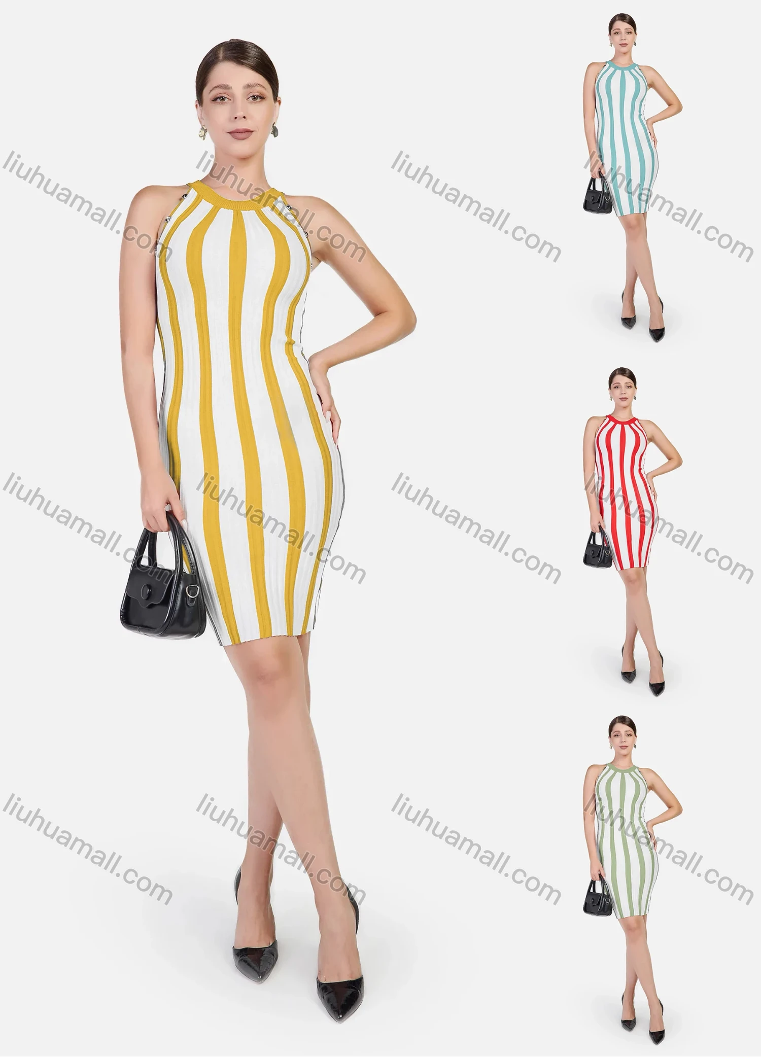 Wholesale Women's Sleeveless Striped Print Round Neck Retro Pencil Short Dress - Liuhuamall
