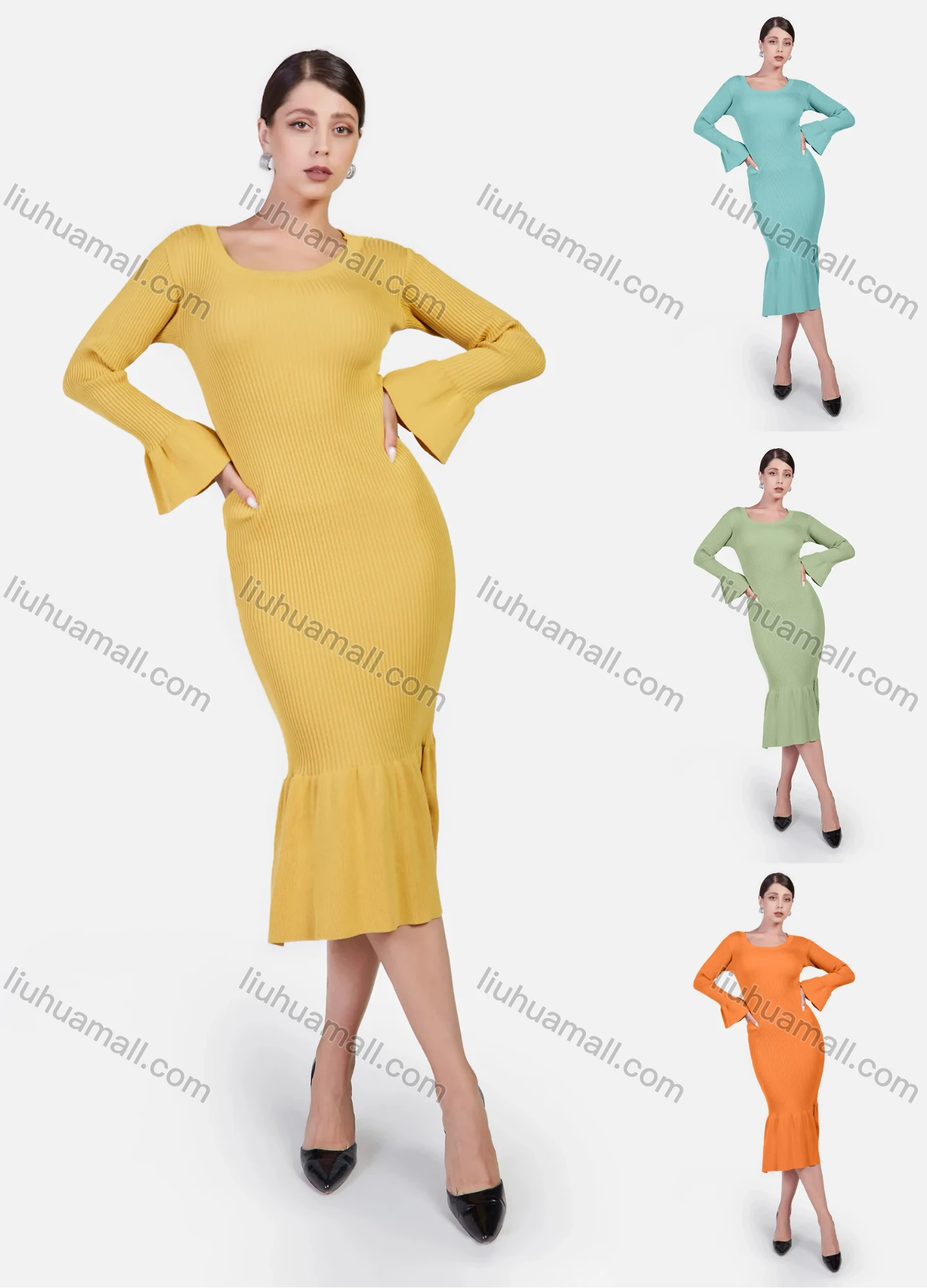 Wholesale Women's Elegant Plain Ribbed Crew Neck Bell Sleeve Ruffle Mermaid Hem Midi Dress - Liuhuamall