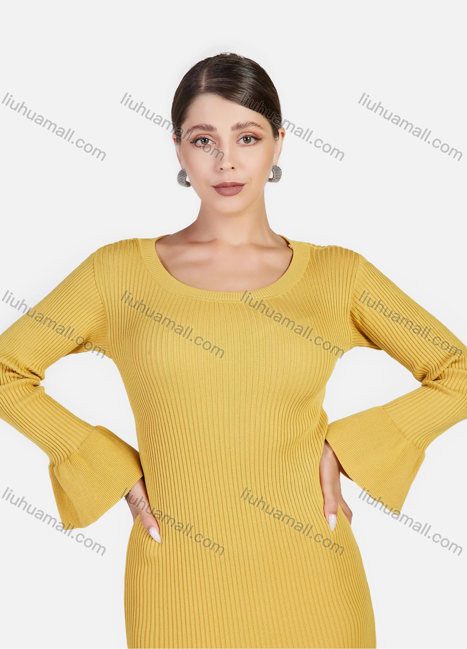 Wholesale Women's Elegant Plain Ribbed Crew Neck Bell Sleeve Ruffle Mermaid Hem Midi Dress - Liuhuamall