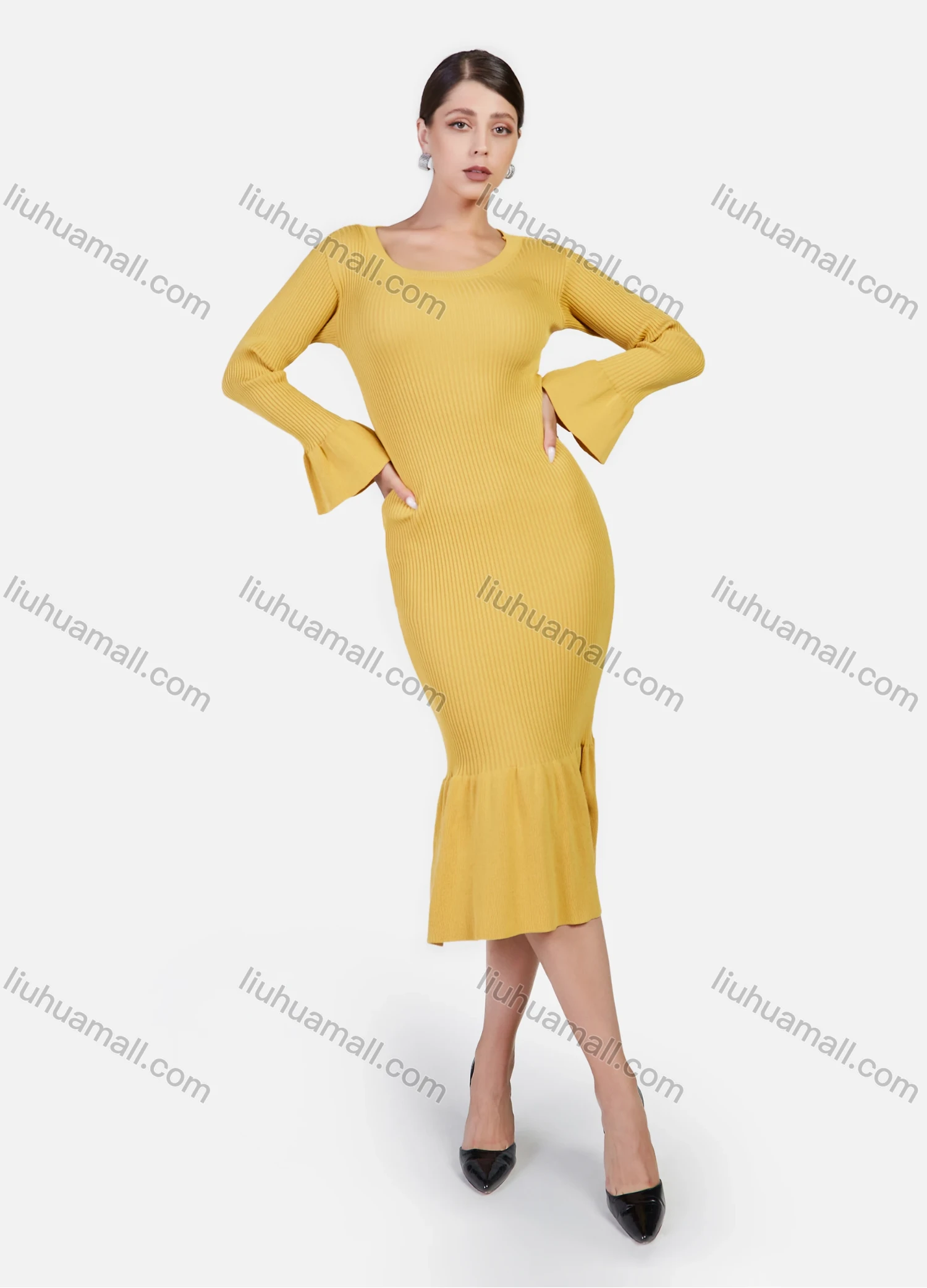 Wholesale Women's Elegant Plain Ribbed Crew Neck Bell Sleeve Ruffle Mermaid Hem Midi Dress - Liuhuamall