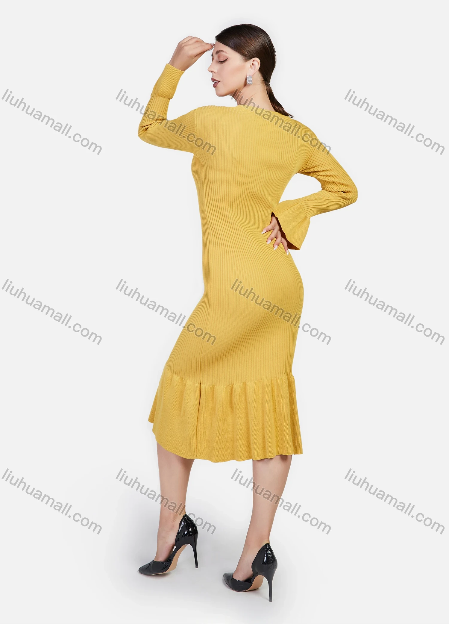 Wholesale Women's Elegant Plain Ribbed Crew Neck Bell Sleeve Ruffle Mermaid Hem Midi Dress - Liuhuamall