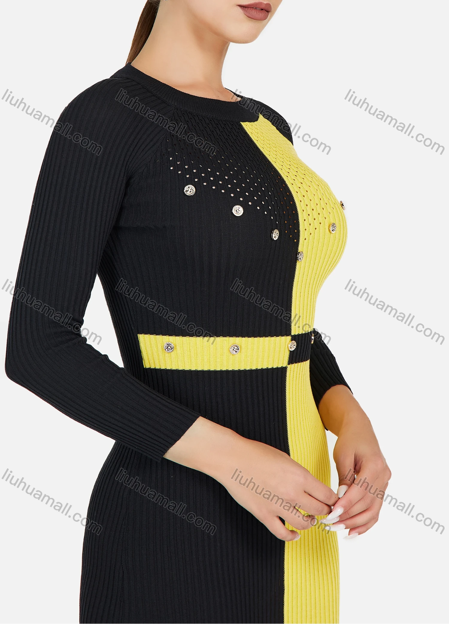 Wholesale Women's Elegant Colorblock Round Neck Long Sleeve Contrast Color Rhinestone Pencil Short Dress - Liuhuamall