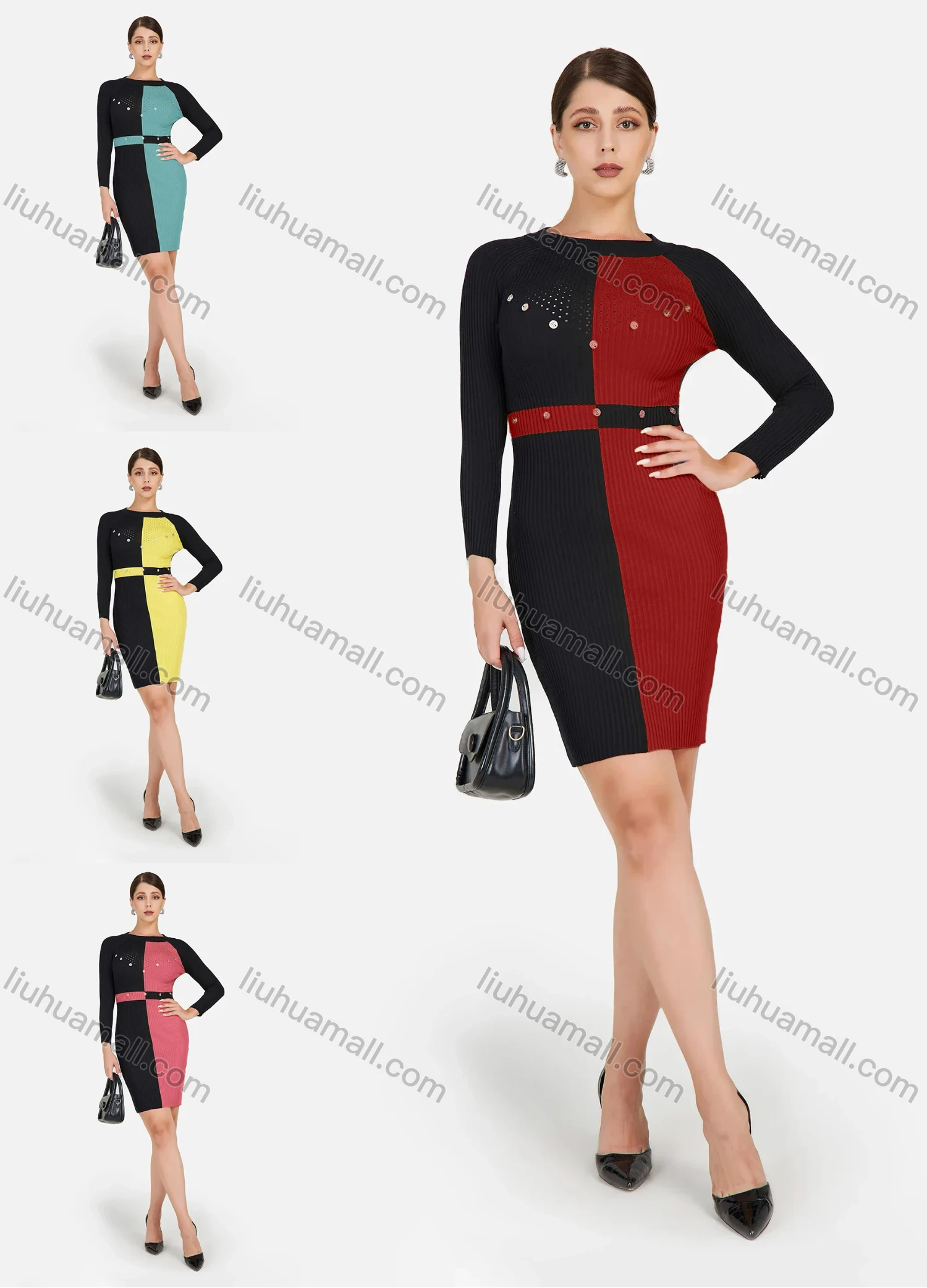 Wholesale Women's Elegant Colorblock Round Neck Long Sleeve Contrast Color Rhinestone Pencil Short Dress - Liuhuamall