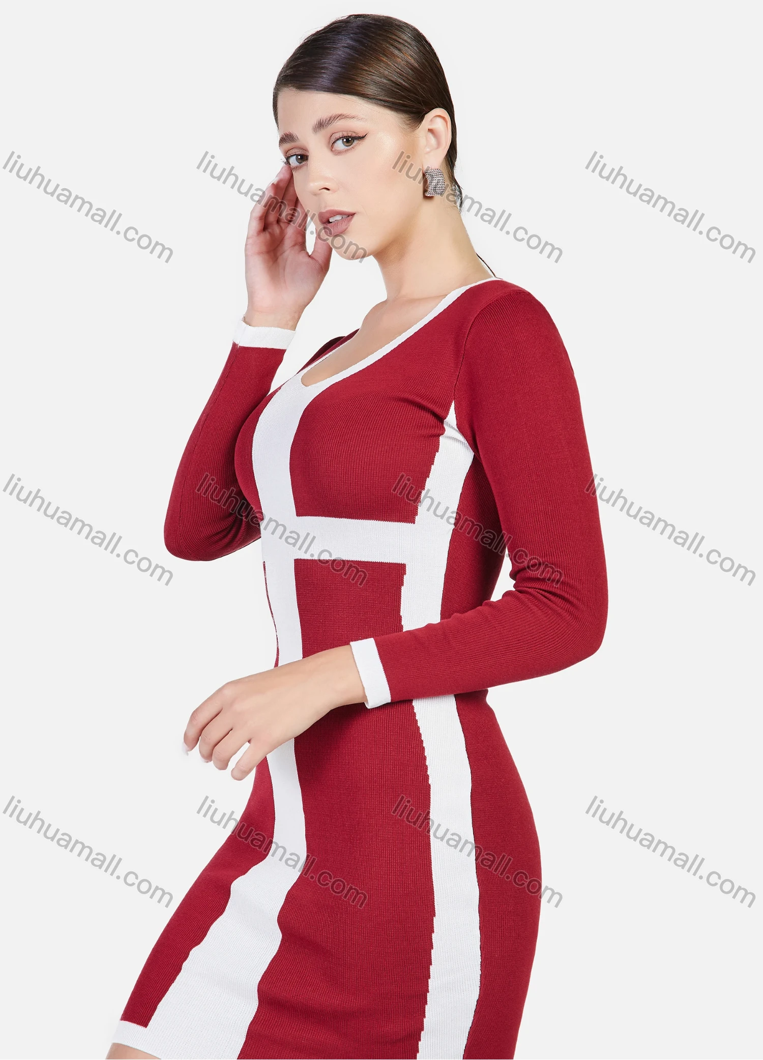 Wholesale Women's Elegant Colorblock Crew Neck Contrast Color Long Sleeve Pencil Short Dress - Liuhuamall