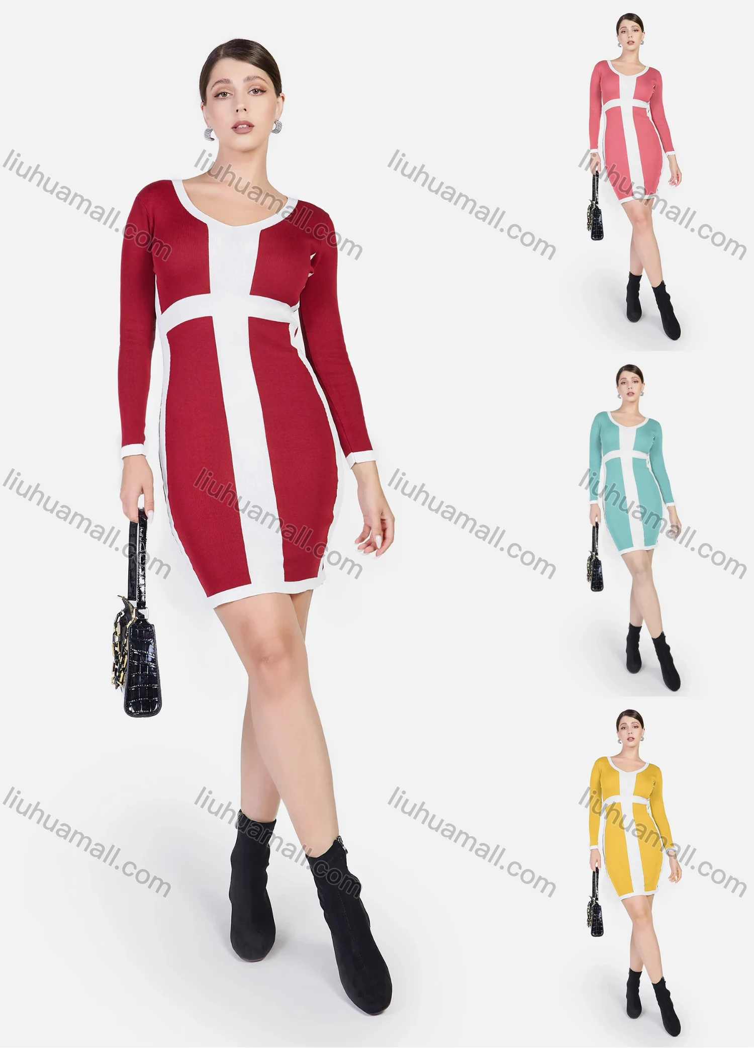 Wholesale Women's Elegant Colorblock Crew Neck Contrast Color Long Sleeve Pencil Short Dress - Liuhuamall