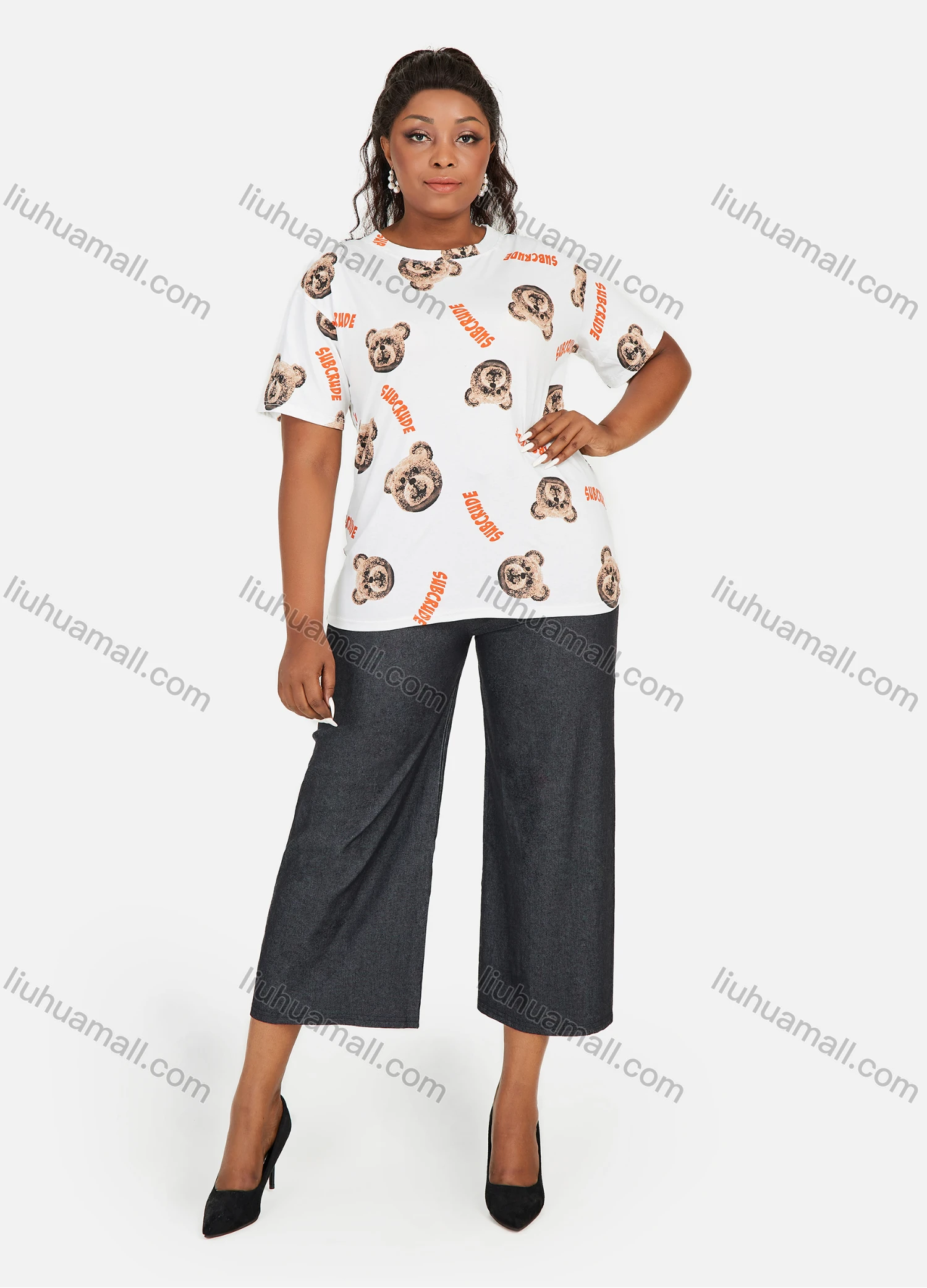 Wholesale Women's Cartoon Graphic Round Neck Short Sleeve T-Shirt 2 Piece Set - Liuhuamall