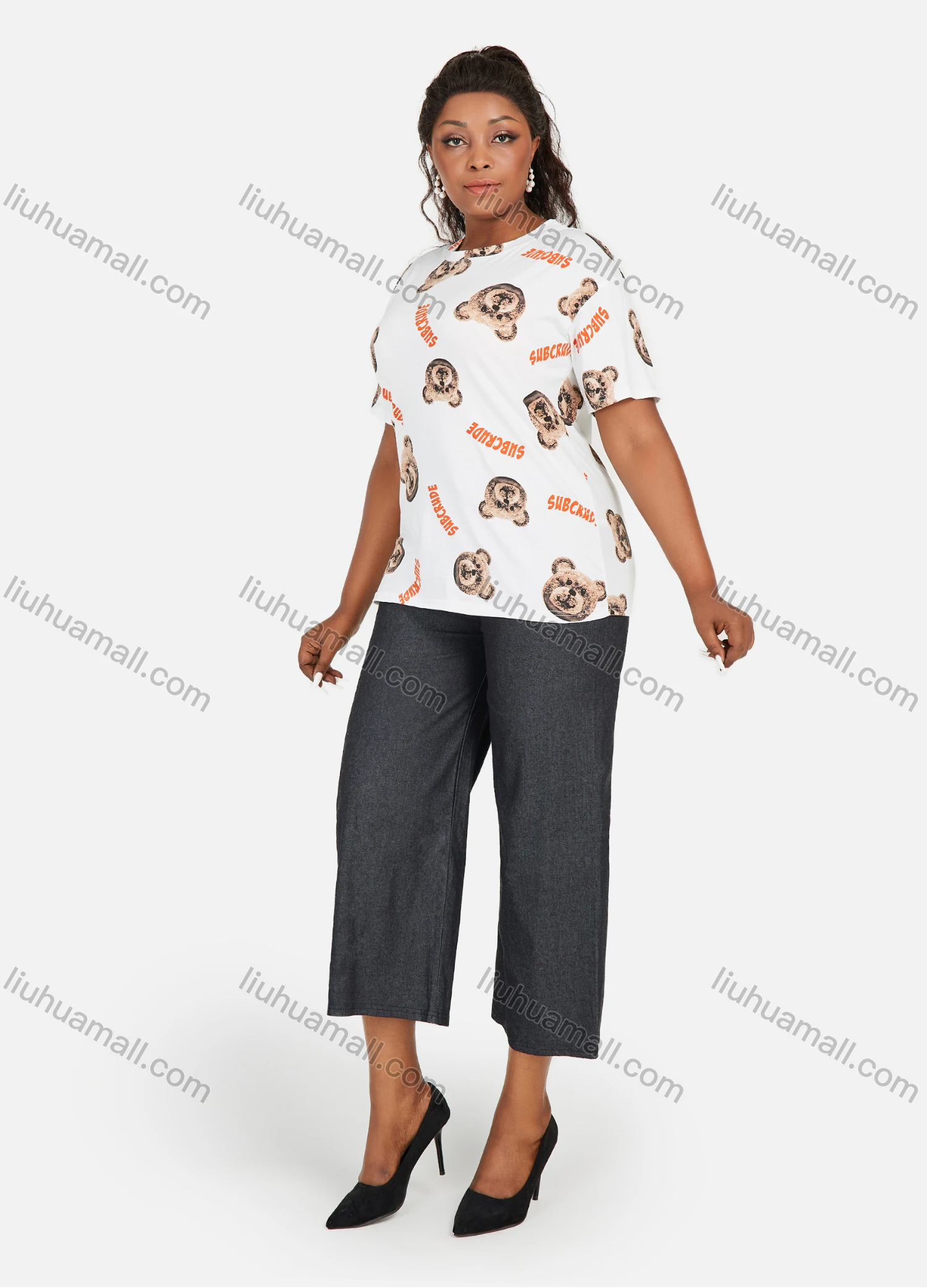 Wholesale Women's Cartoon Graphic Round Neck Short Sleeve T-Shirt 2 Piece Set - Liuhuamall