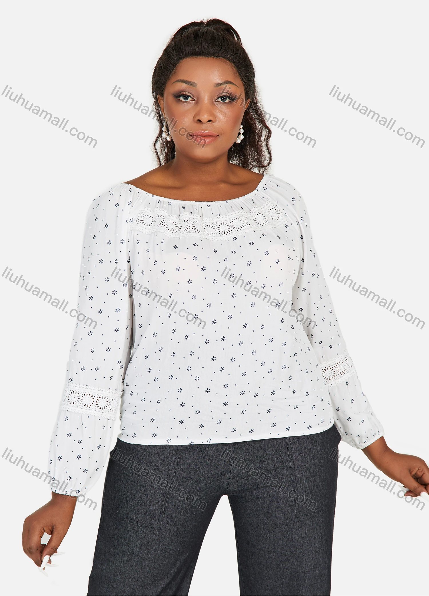 Wholesale Women's Bateau Neck Long Sleeve Allover Print Blouse - Liuhuamall