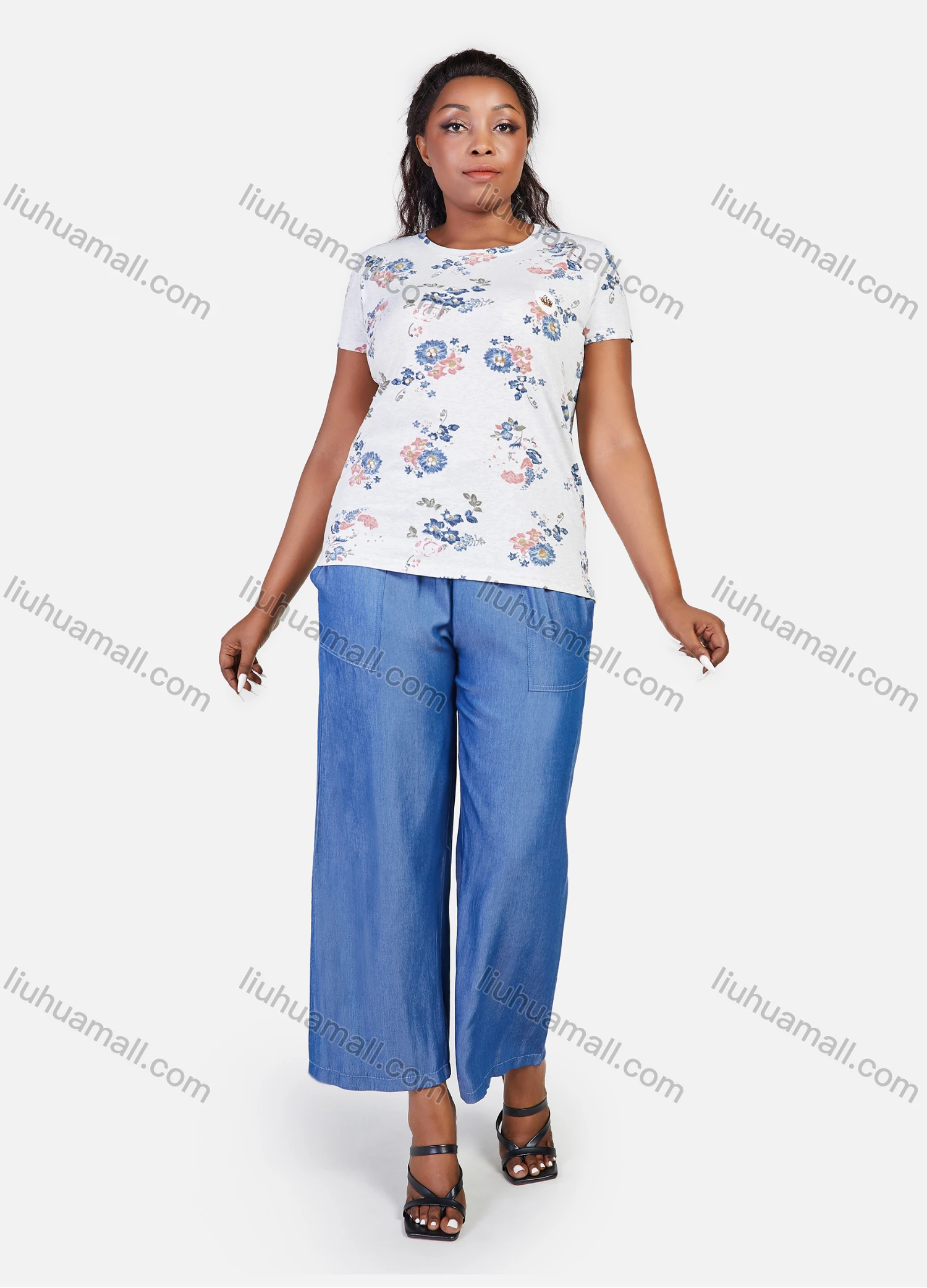 Wholesale Women's Floral Print Round Neck T-Shirt Casual 2 Piece Set - Liuhuamall