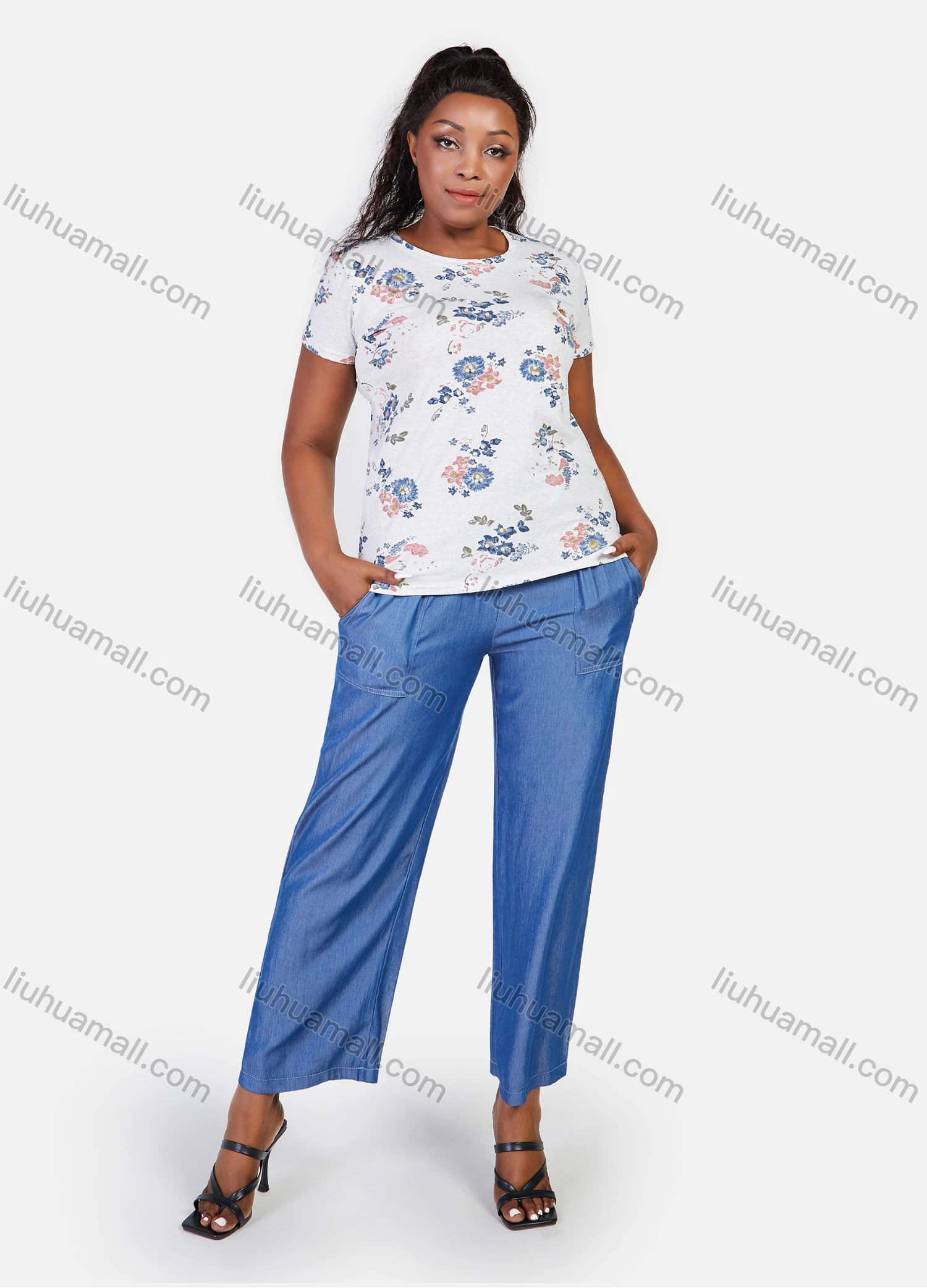 Wholesale Women's Floral Print Round Neck T-Shirt Casual 2 Piece Set - Liuhuamall