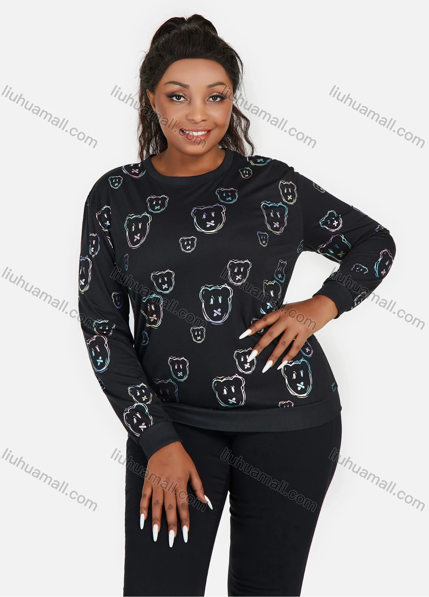 Wholesale Women's Graffiti Cartoon Graphic Round Neck Long Sleeve Pullover Sweatshirt - Liuhuamall