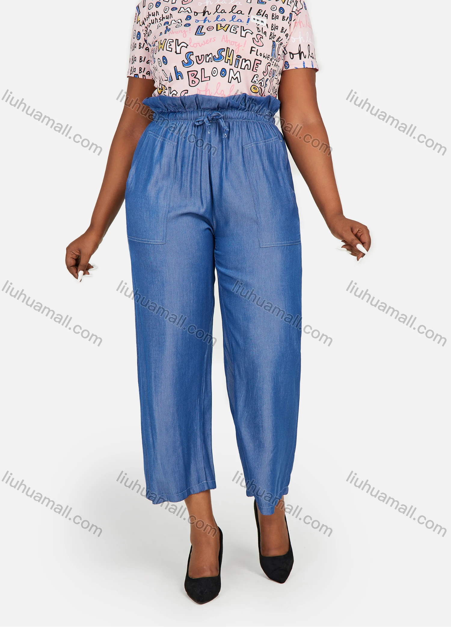 Wholesale Women's Graffiti Letter Print Round Neck T-Shirt With High Waist Straight Leg Pants Casual 2 Piece Set - Liuhuamall