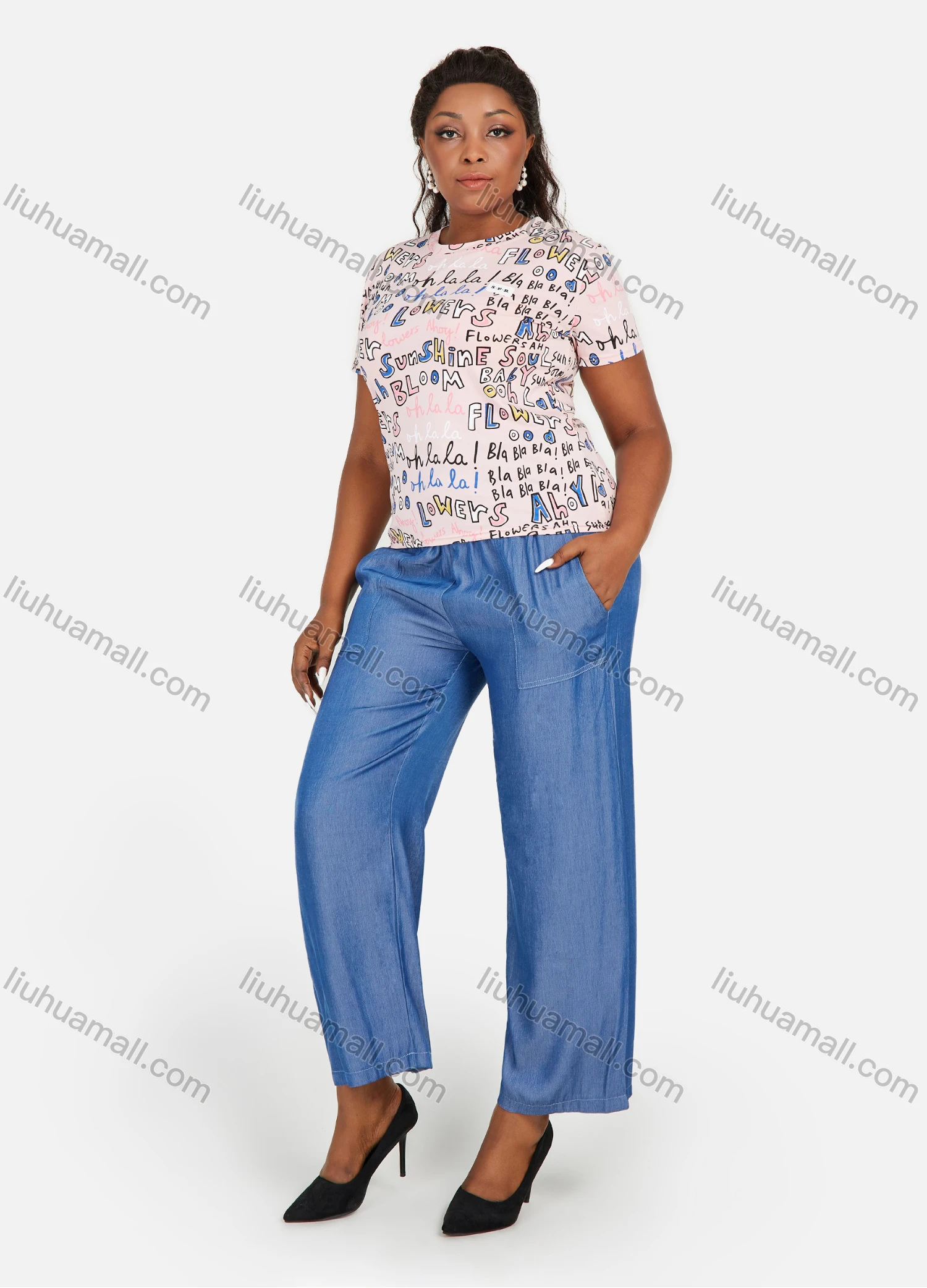 Wholesale Women's Graffiti Letter Print Round Neck T-Shirt With High Waist Straight Leg Pants Casual 2 Piece Set - Liuhuamall