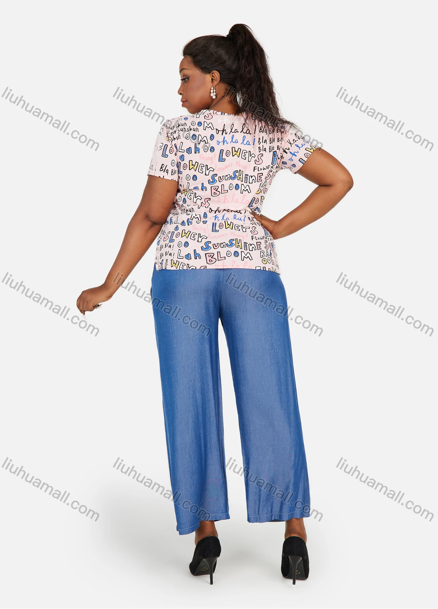 Wholesale Women's Graffiti Letter Print Round Neck T-Shirt With High Waist Straight Leg Pants Casual 2 Piece Set - Liuhuamall