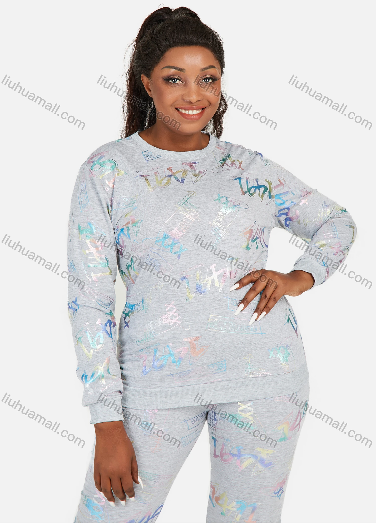 Wholesale Women's Letter Graphic Round Neck Long Sleeve Sweatshirt 2 Piece Set - Liuhuamall