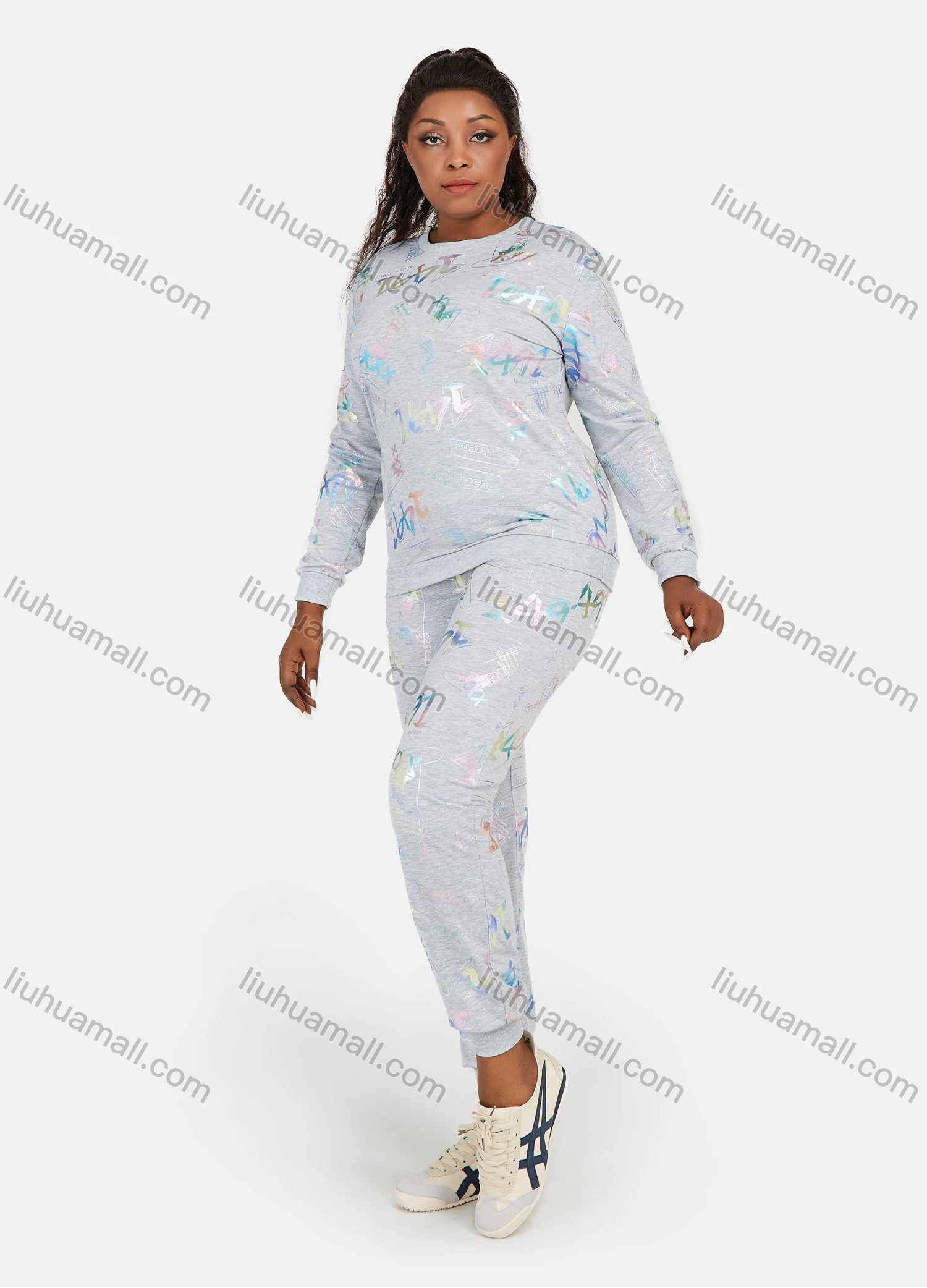 Wholesale Women's Letter Graphic Round Neck Long Sleeve Sweatshirt 2 Piece Set - Liuhuamall