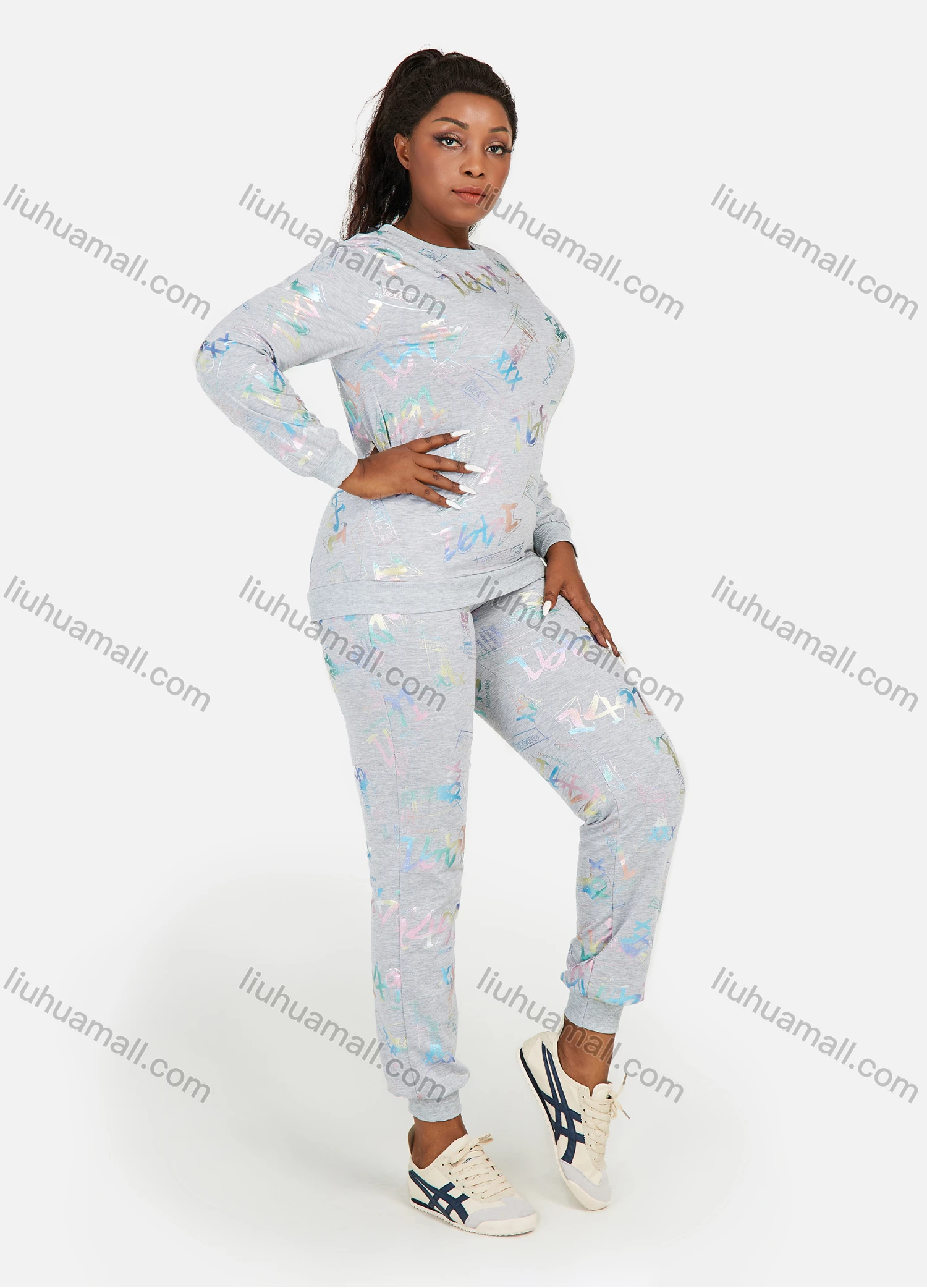 Wholesale Women's Letter Graphic Round Neck Long Sleeve Sweatshirt 2 Piece Set - Liuhuamall