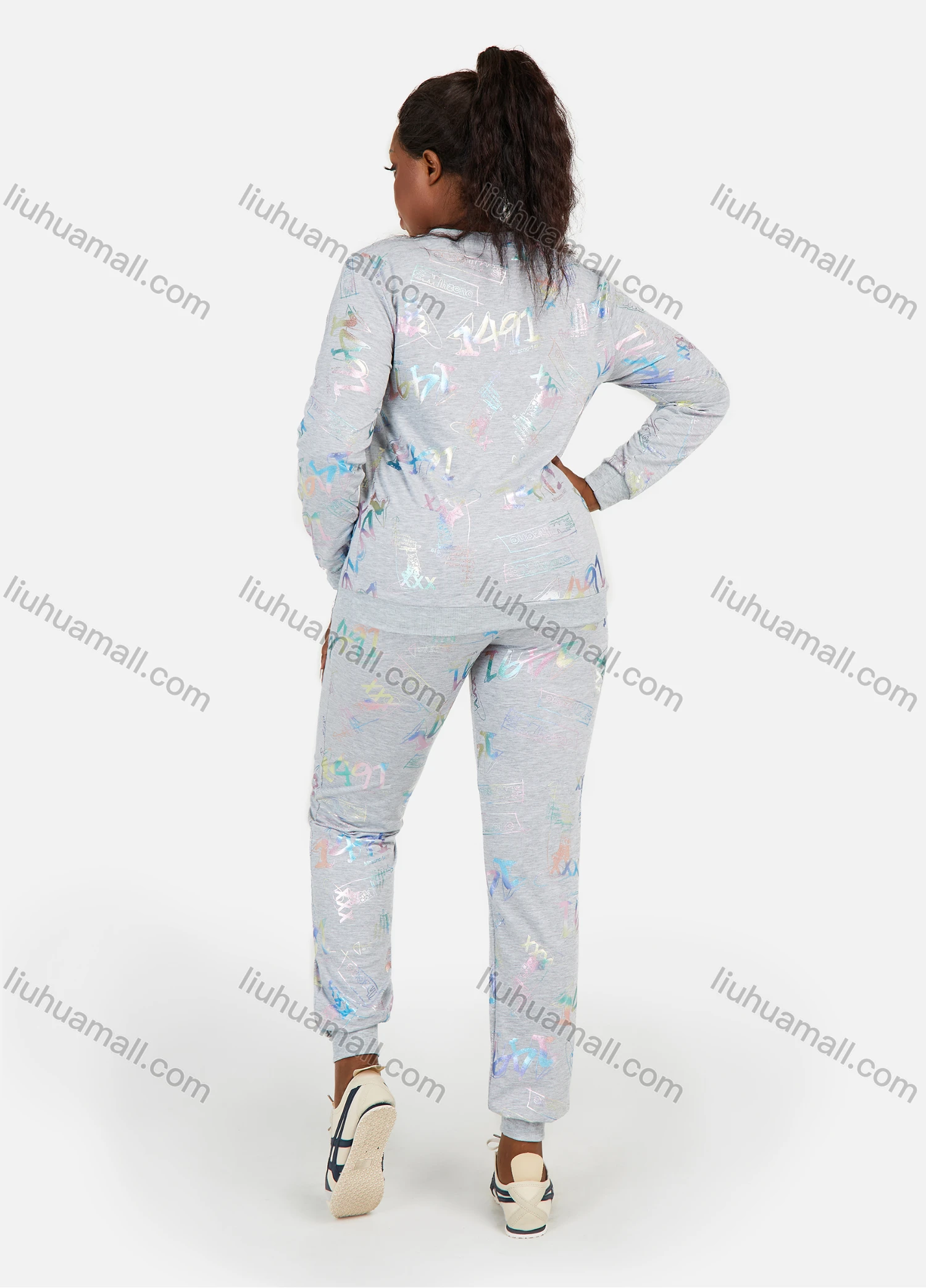 Wholesale Women's Letter Graphic Round Neck Long Sleeve Sweatshirt 2 Piece Set - Liuhuamall