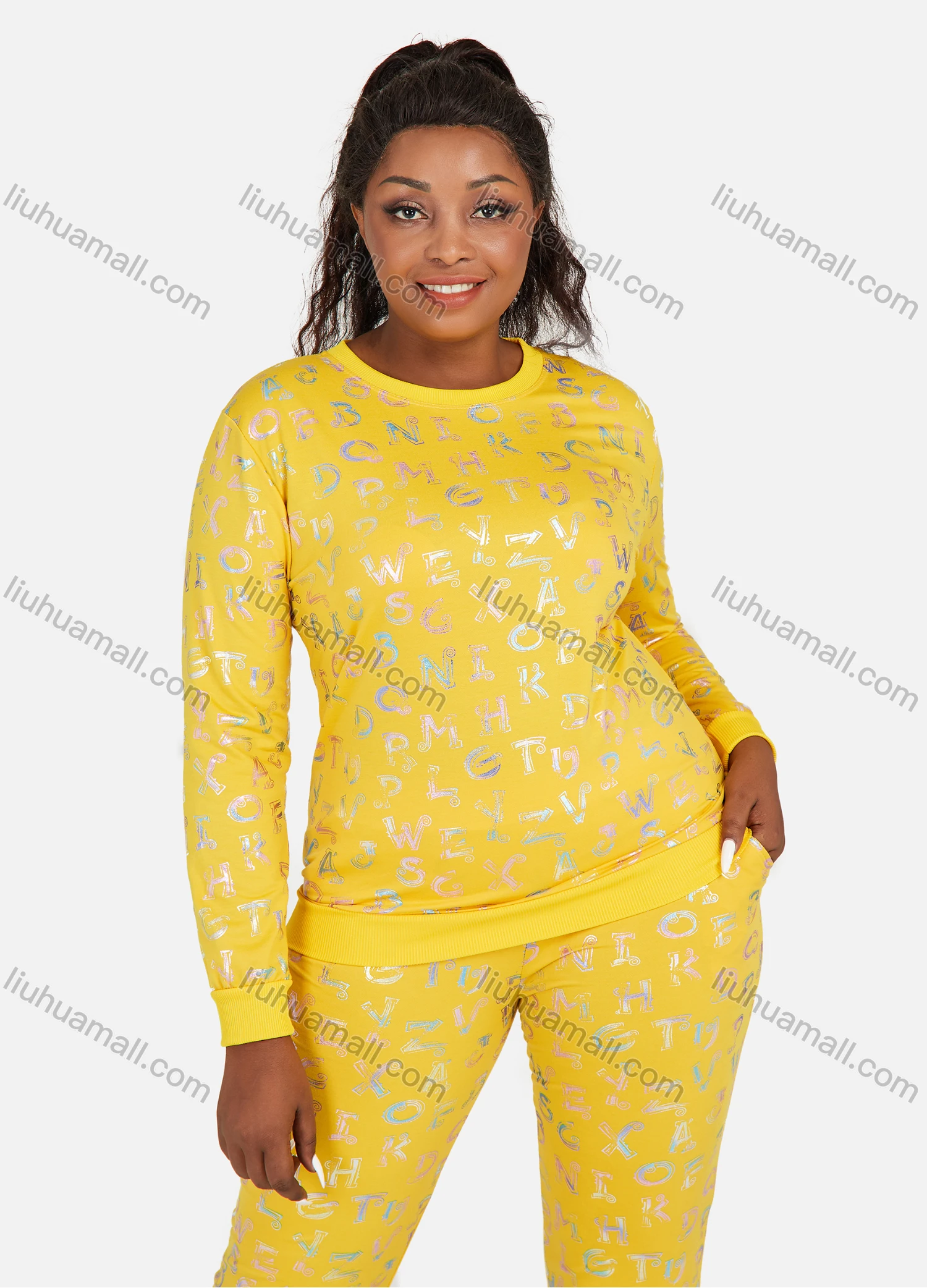 Wholesale Women's Letter Graphic Round Neck Long Sleeve Sweatshirt 2 Piece Set - Liuhuamall