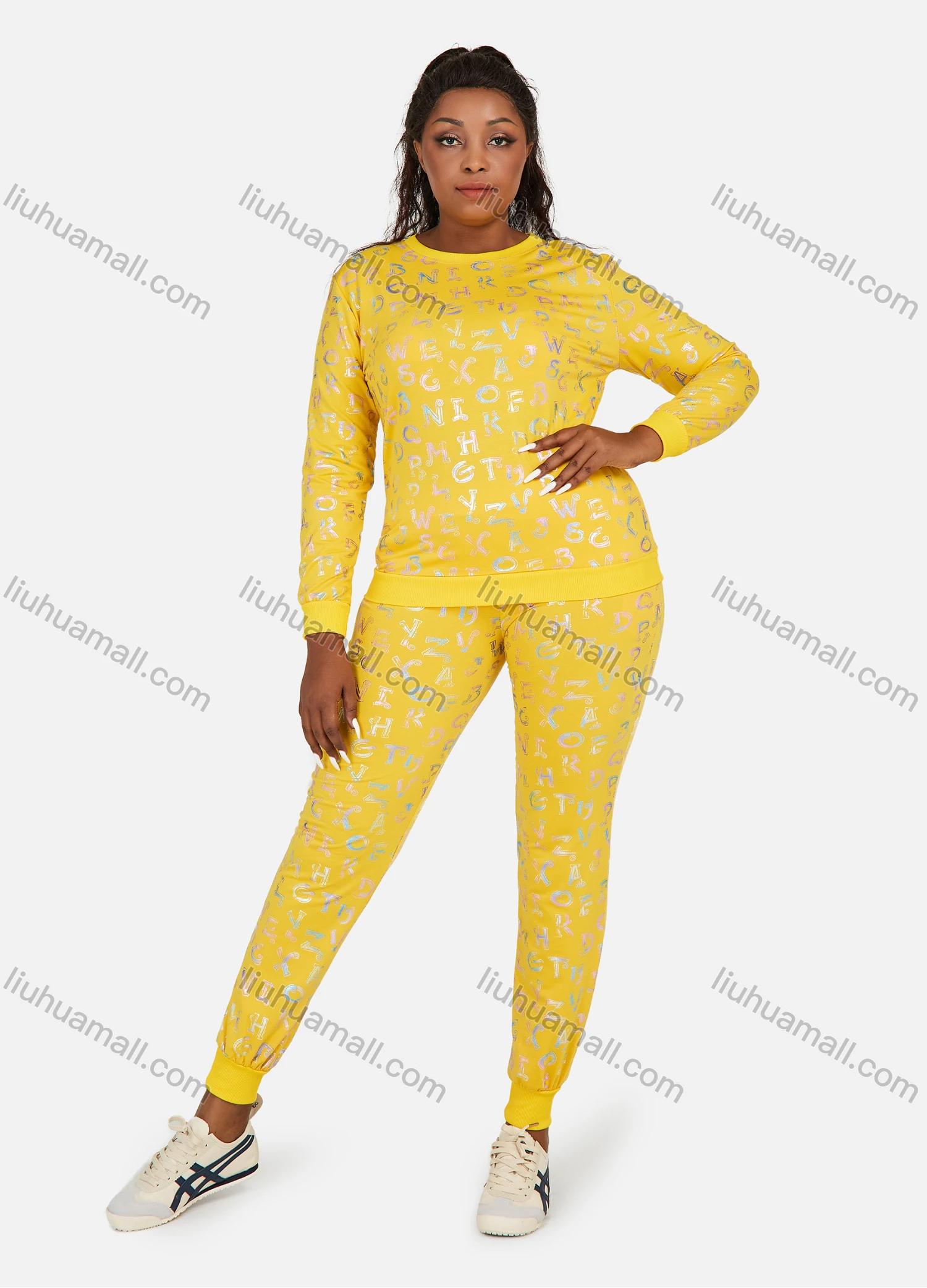 Wholesale Women's Letter Graphic Round Neck Long Sleeve Sweatshirt 2 Piece Set - Liuhuamall