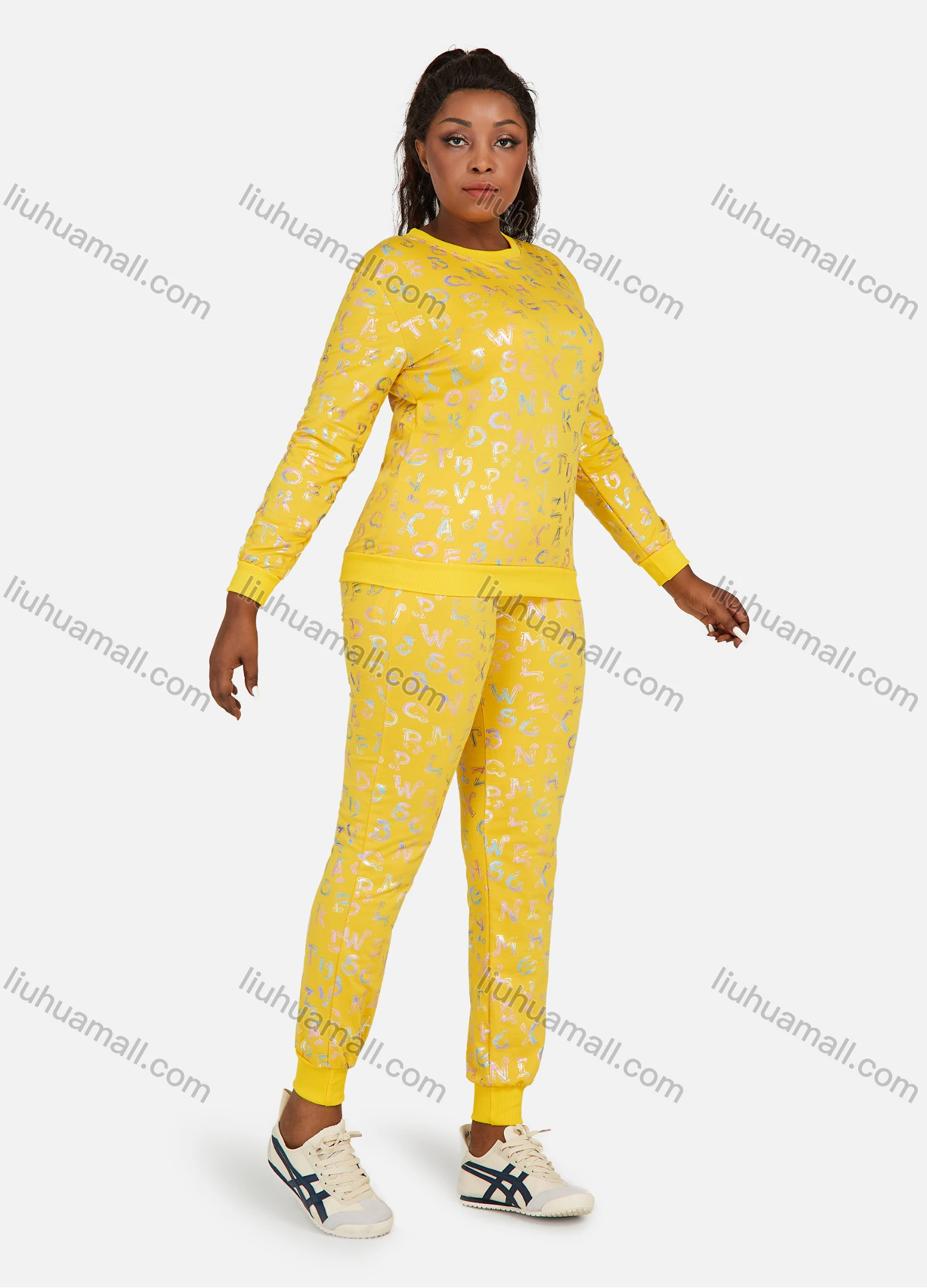 Wholesale Women's Letter Graphic Round Neck Long Sleeve Sweatshirt 2 Piece Set - Liuhuamall