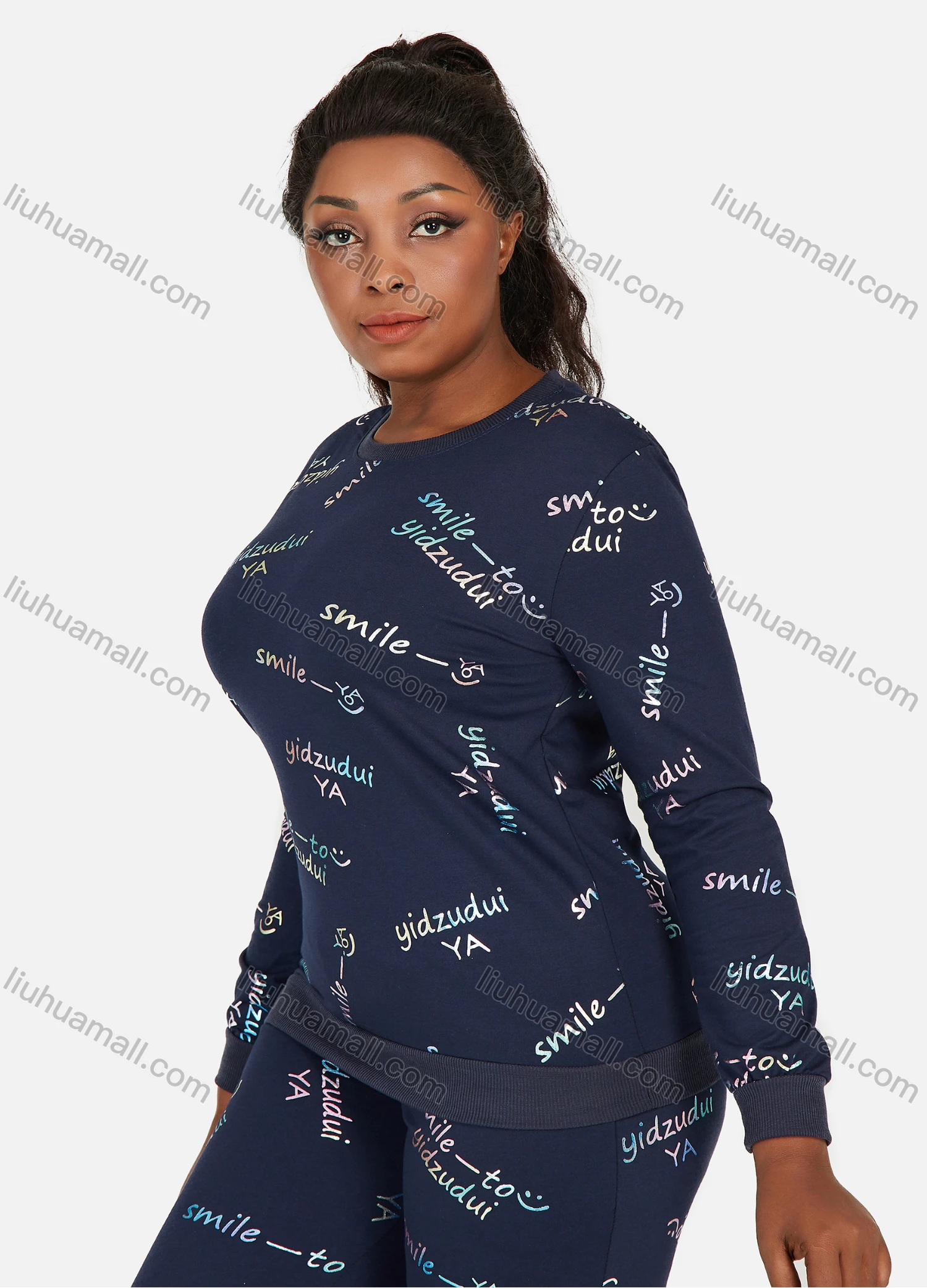 Wholesale Women's Letter Graphic Round Neck Long Sleeve Sweatshirt 2 Piece Set - Liuhuamall