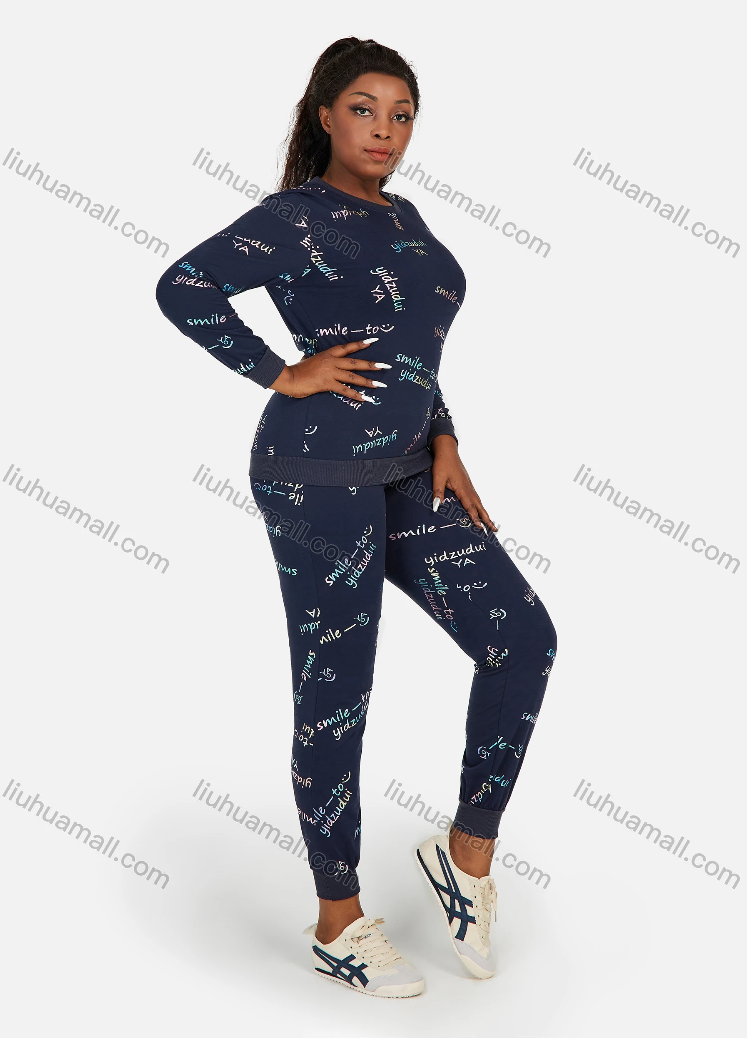 Wholesale Women's Letter Graphic Round Neck Long Sleeve Sweatshirt 2 Piece Set - Liuhuamall