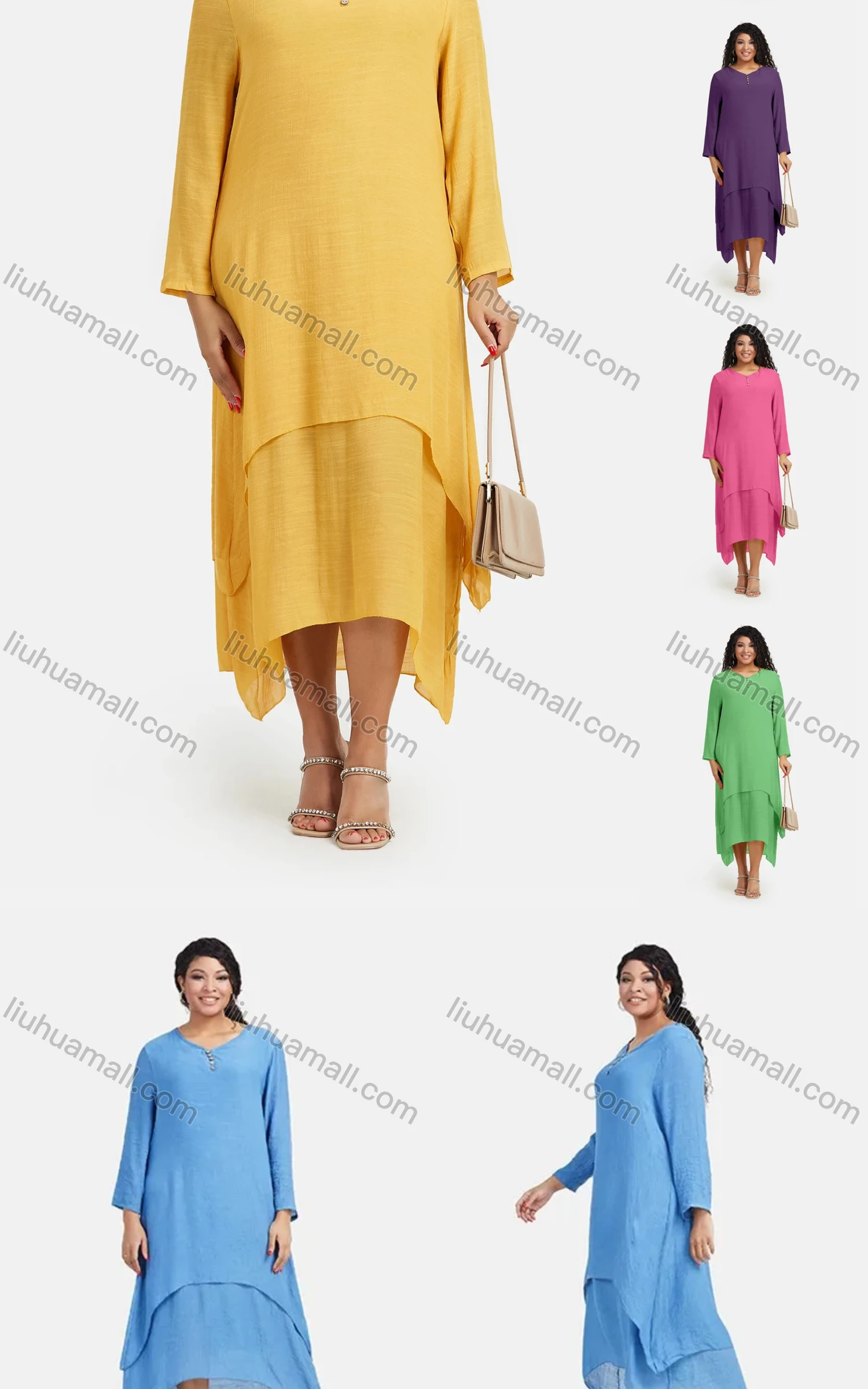 Wholesale Women's Plus Size Linen Long Sleeve Plain Layered Hem Cozy Midi Casual Dress - Liuhuamall