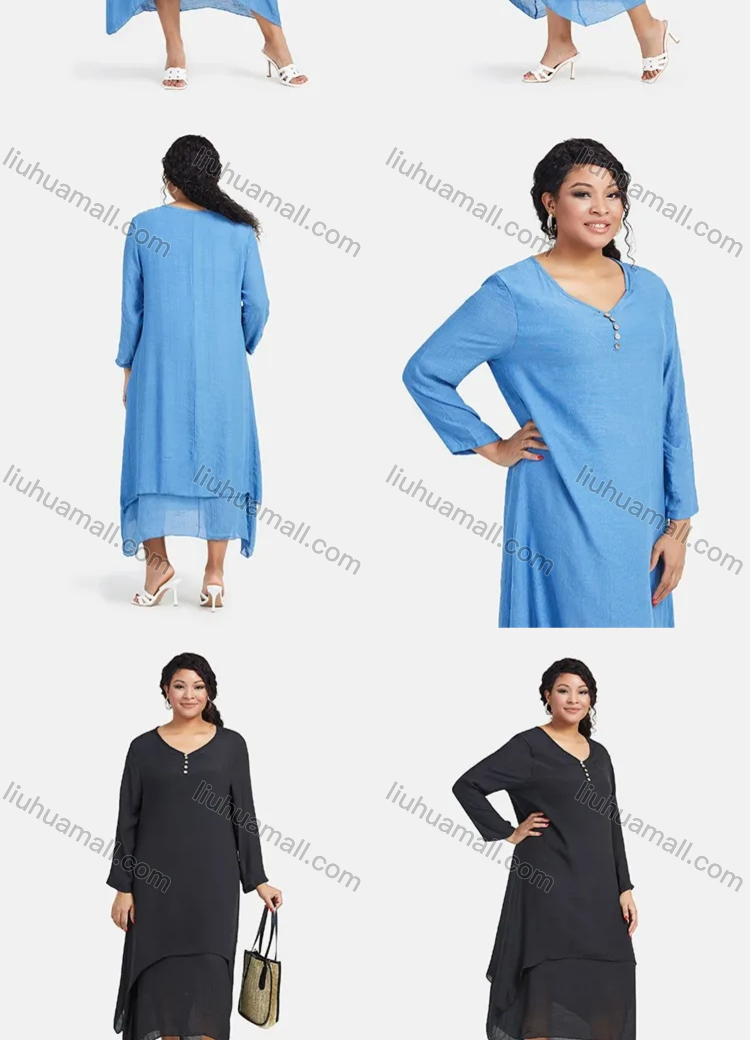Wholesale Women's Plus Size Linen Long Sleeve Plain Layered Hem Cozy Midi Casual Dress - Liuhuamall