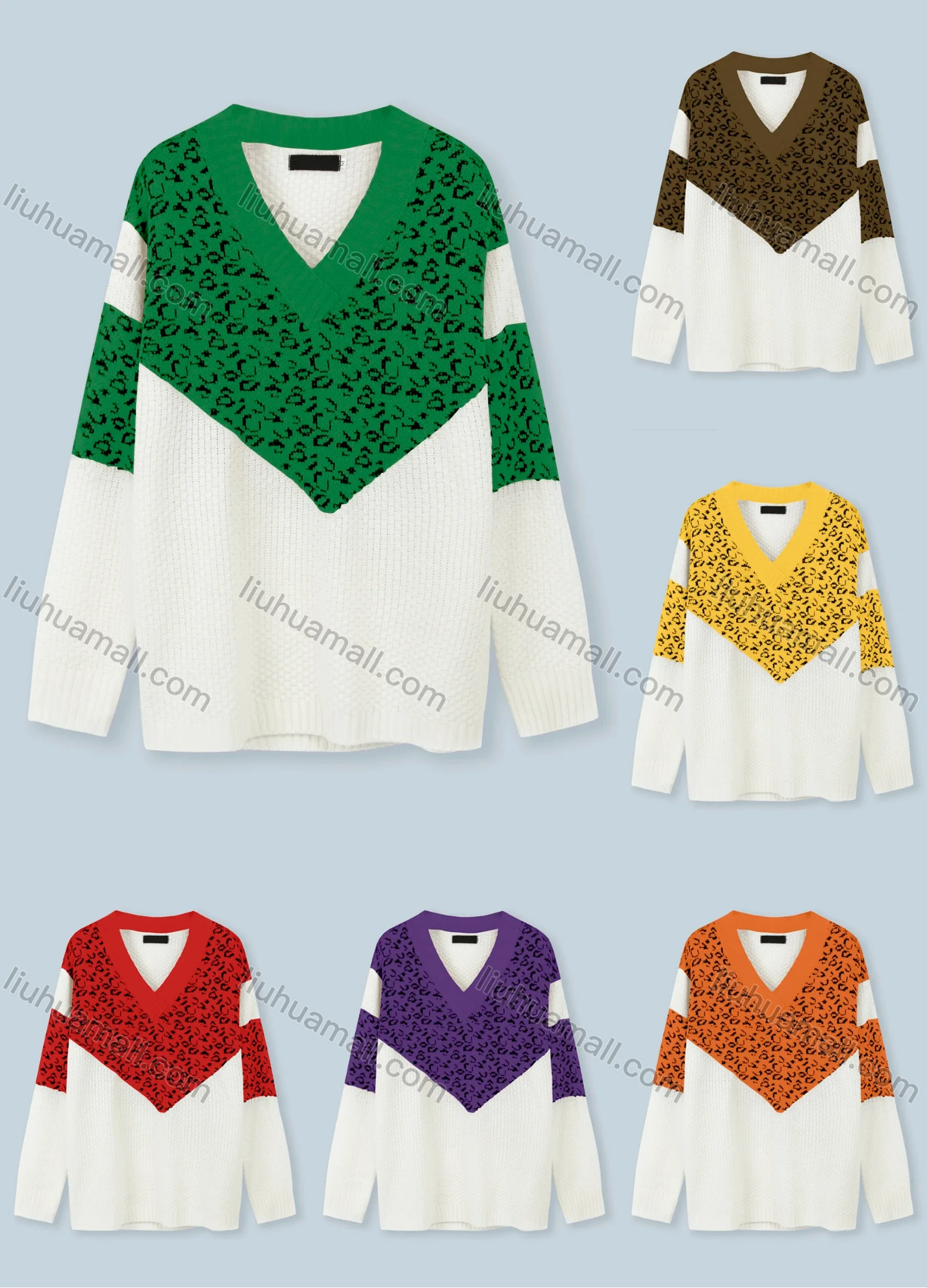 Wholesale Women's Casual V Neck Long Sleeve Leopard Print Sweater - Liuhuamall