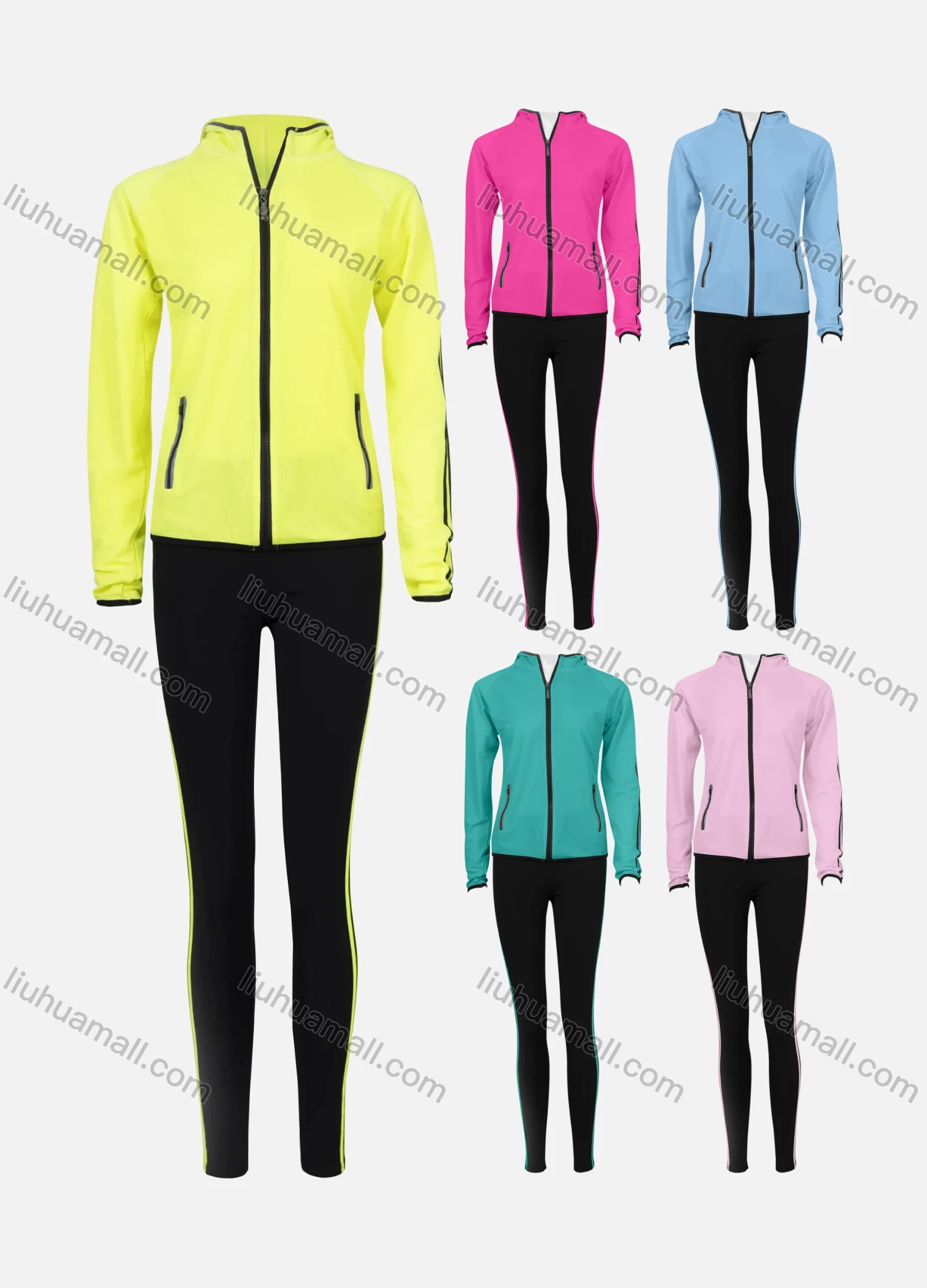 Wholesale Women's Zip Hooded Pockets Striped Jacket & Leggings Sporty Set 9131# - Liuhuamall