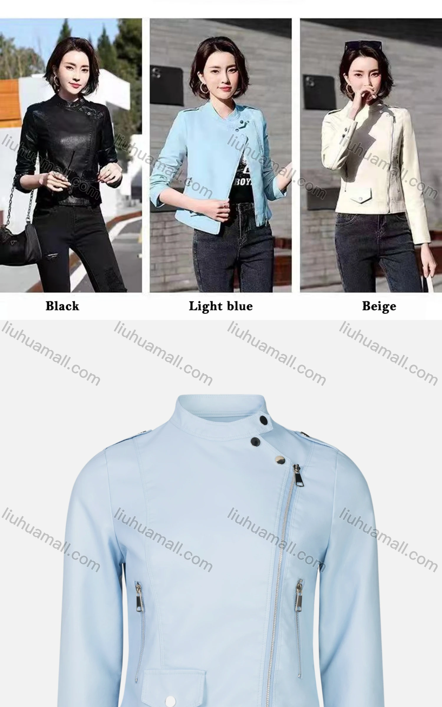 Wholesale Women's Trendy Plain Stand Collar Zip Side PU Leather Crop Biker Jacket - Liuhuamall