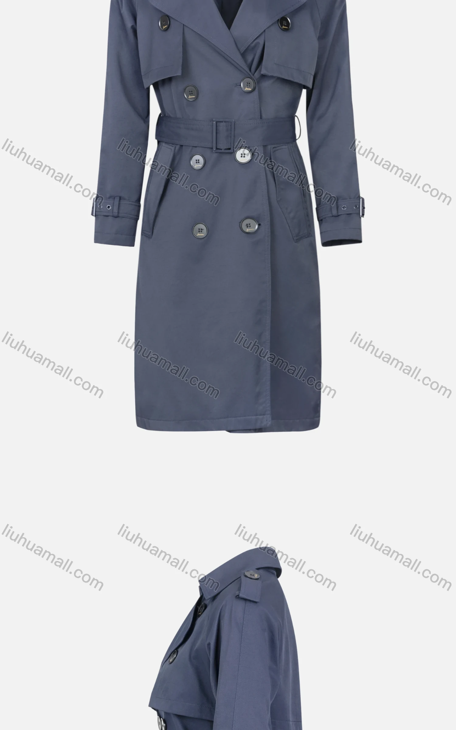 Wholesale Women's Plain Double Breasted Belted Mid Length Trench Coat - Liuhuamall