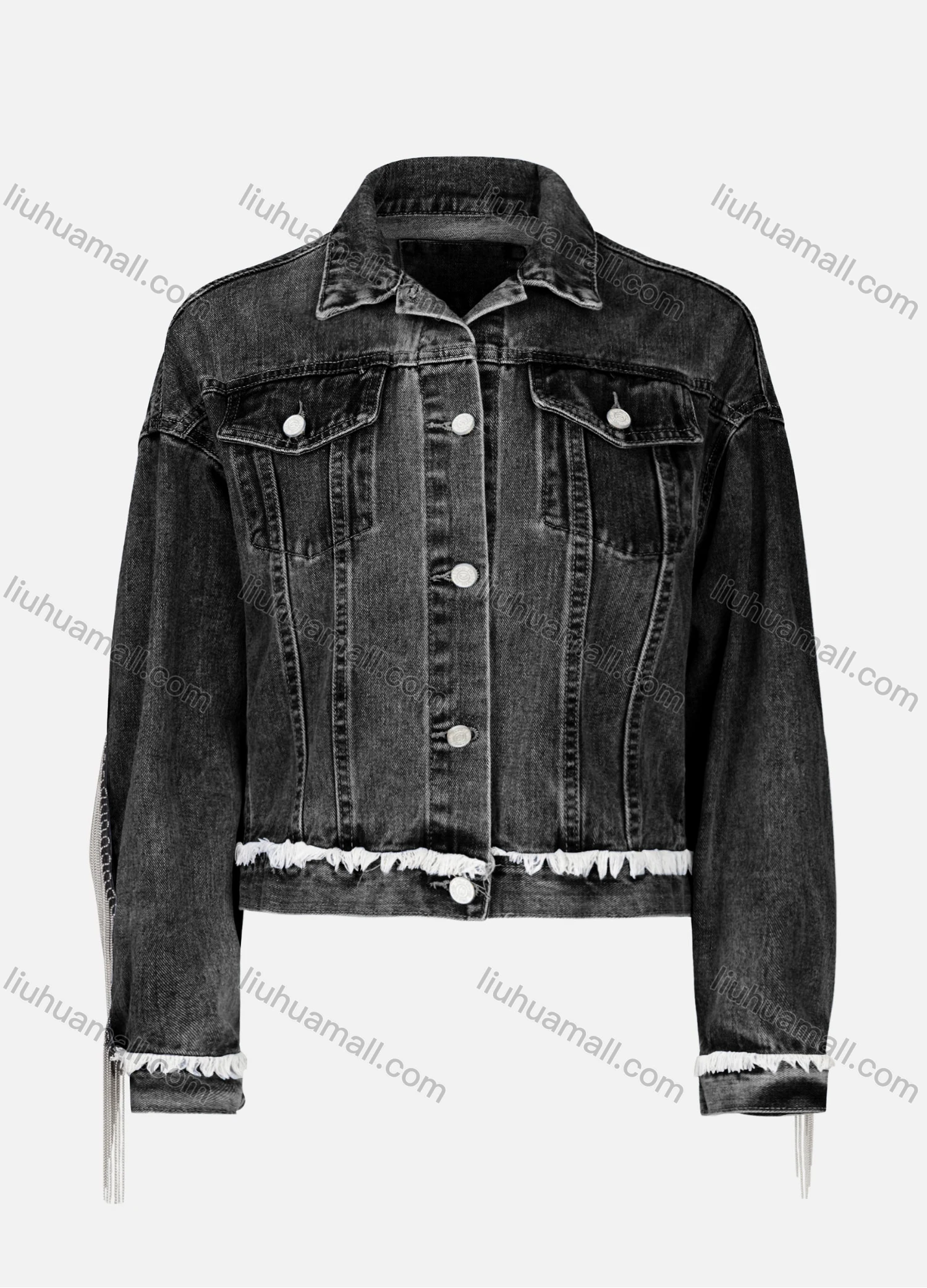 Wholesale Women's Drop Shoulder Button Down Flap Pocket Tassel Hem Crop Denim Jacket - Liuhuamall