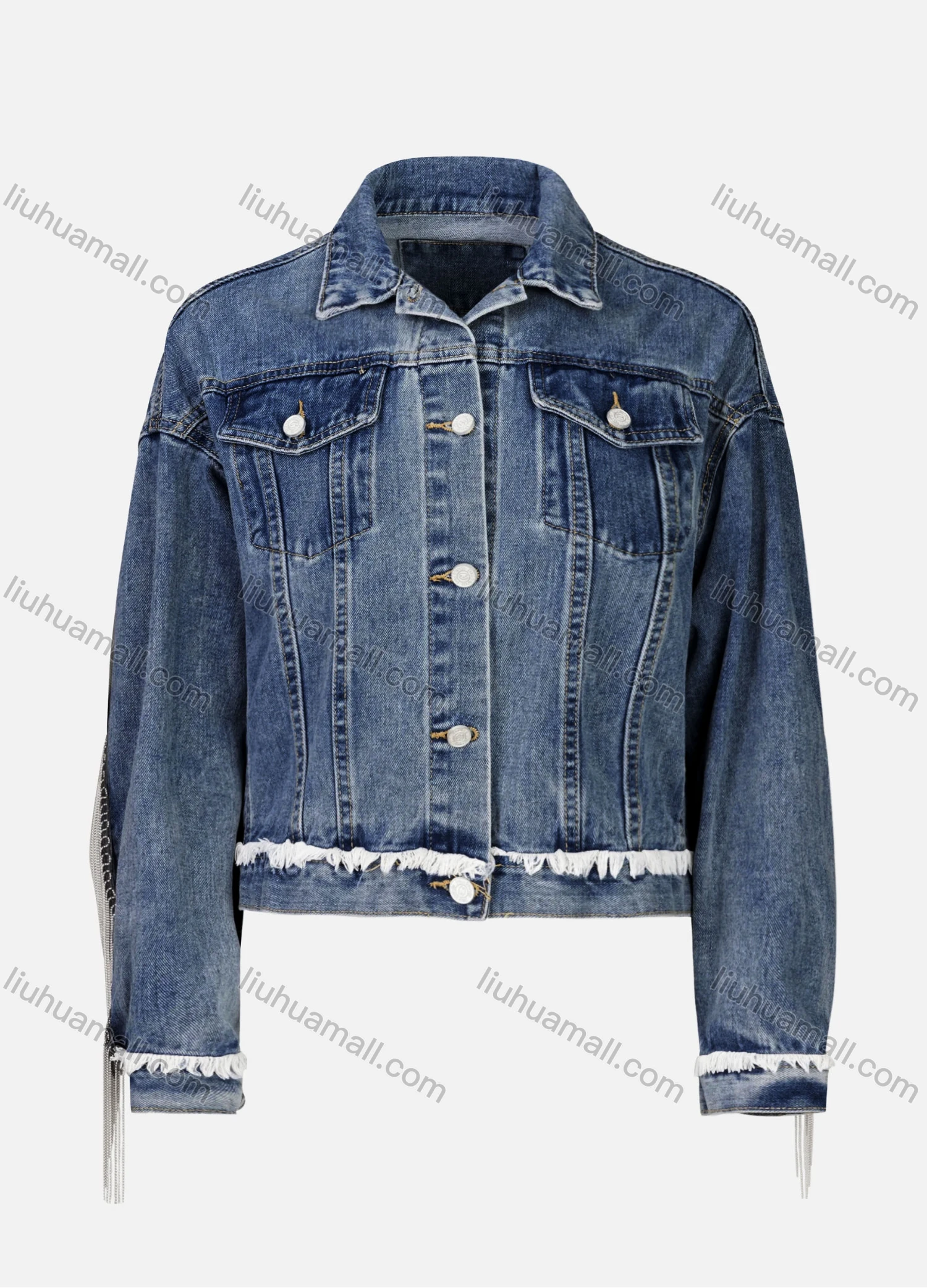 Wholesale Women's Drop Shoulder Button Down Flap Pocket Tassel Hem Crop Denim Jacket - Liuhuamall