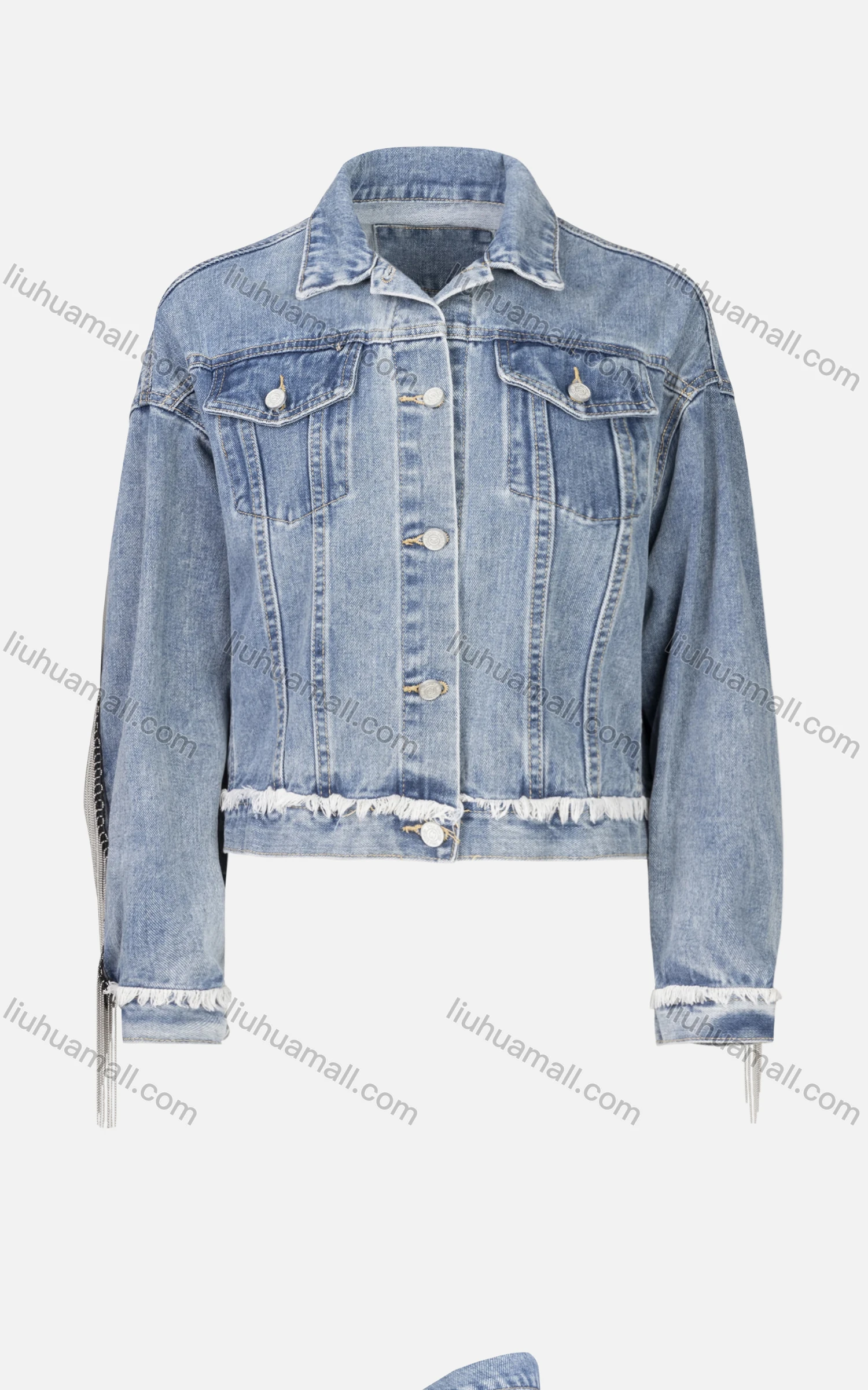 Wholesale Women's Drop Shoulder Button Down Flap Pocket Tassel Hem Crop Denim Jacket - Liuhuamall