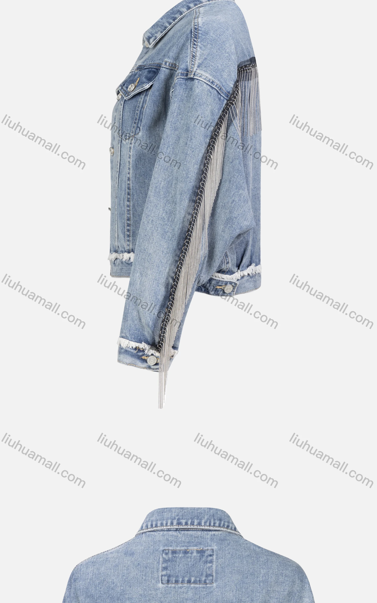 Wholesale Women's Drop Shoulder Button Down Flap Pocket Tassel Hem Crop Denim Jacket - Liuhuamall