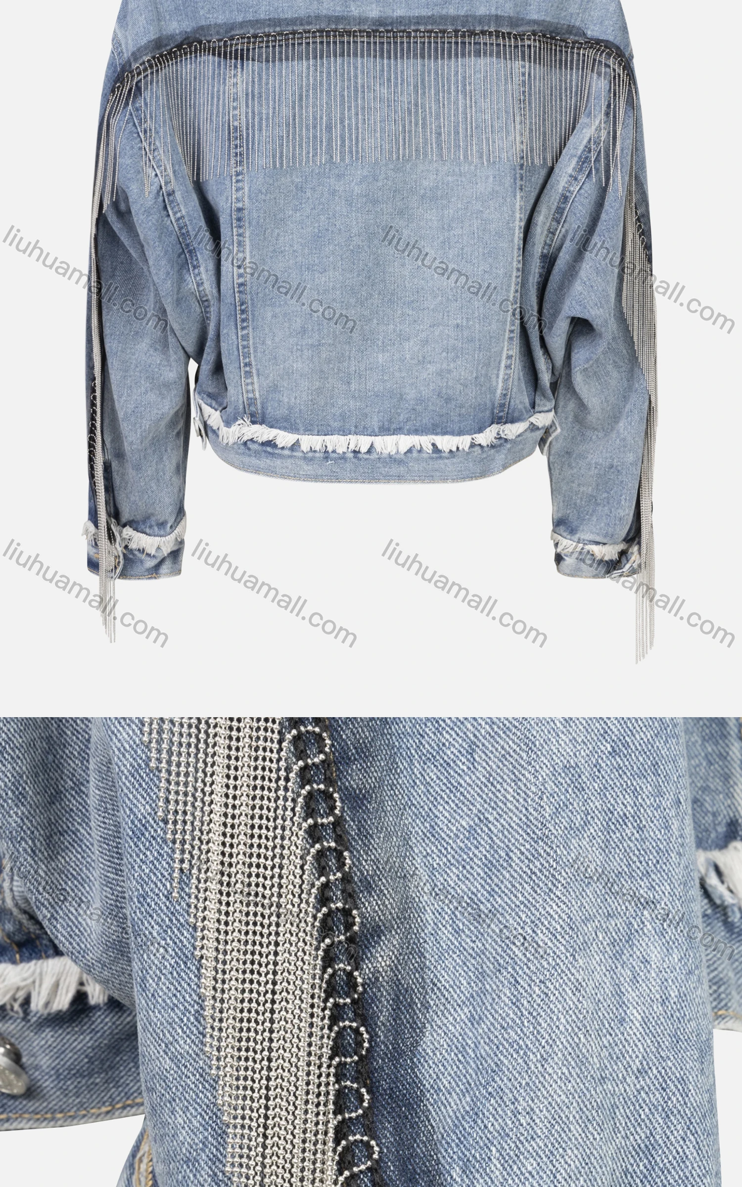 Wholesale Women's Drop Shoulder Button Down Flap Pocket Tassel Hem Crop Denim Jacket - Liuhuamall