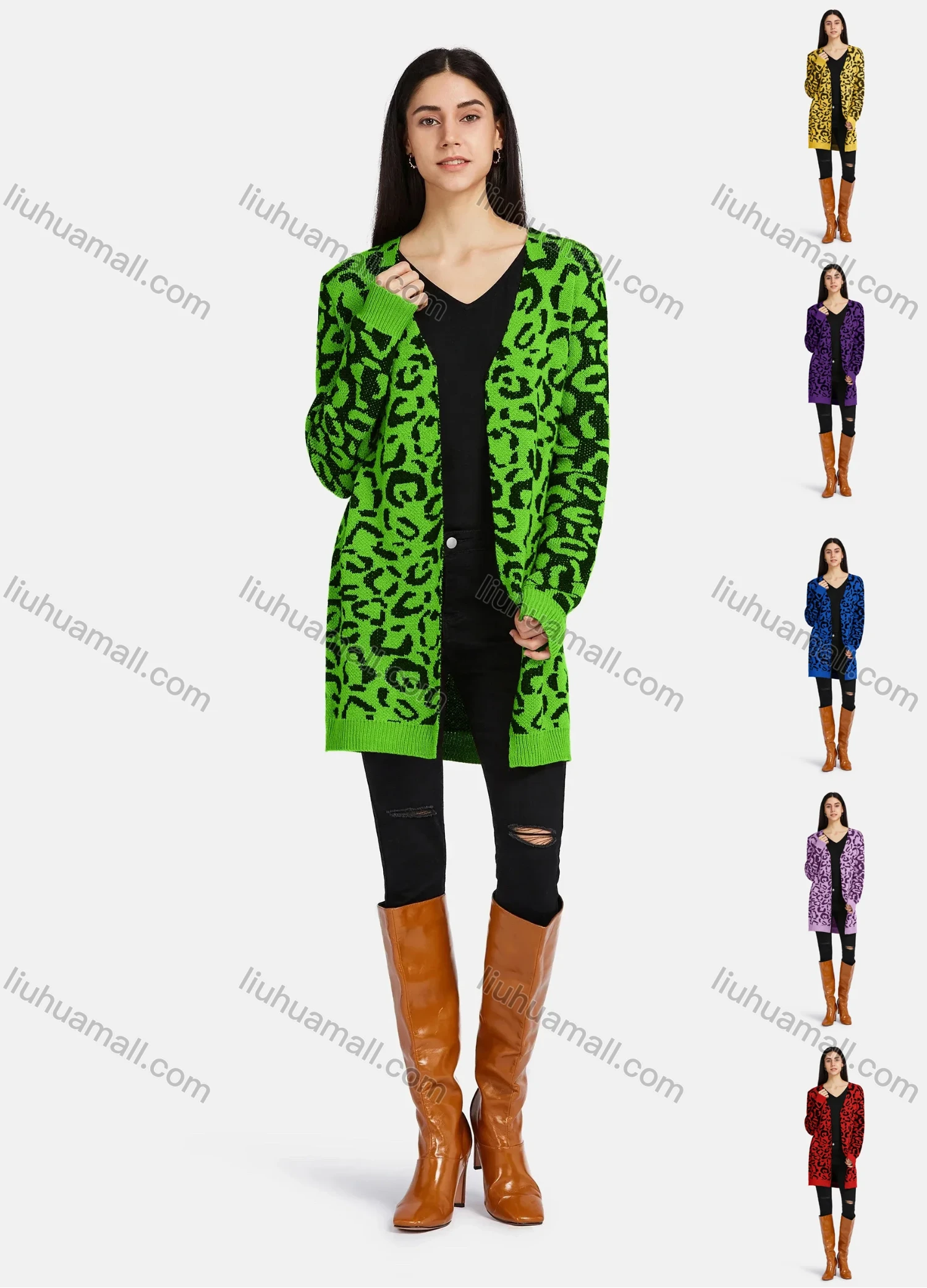 Wholesale Women's Casual Leopard Print Open Front Long Cardigan - Liuhuamall