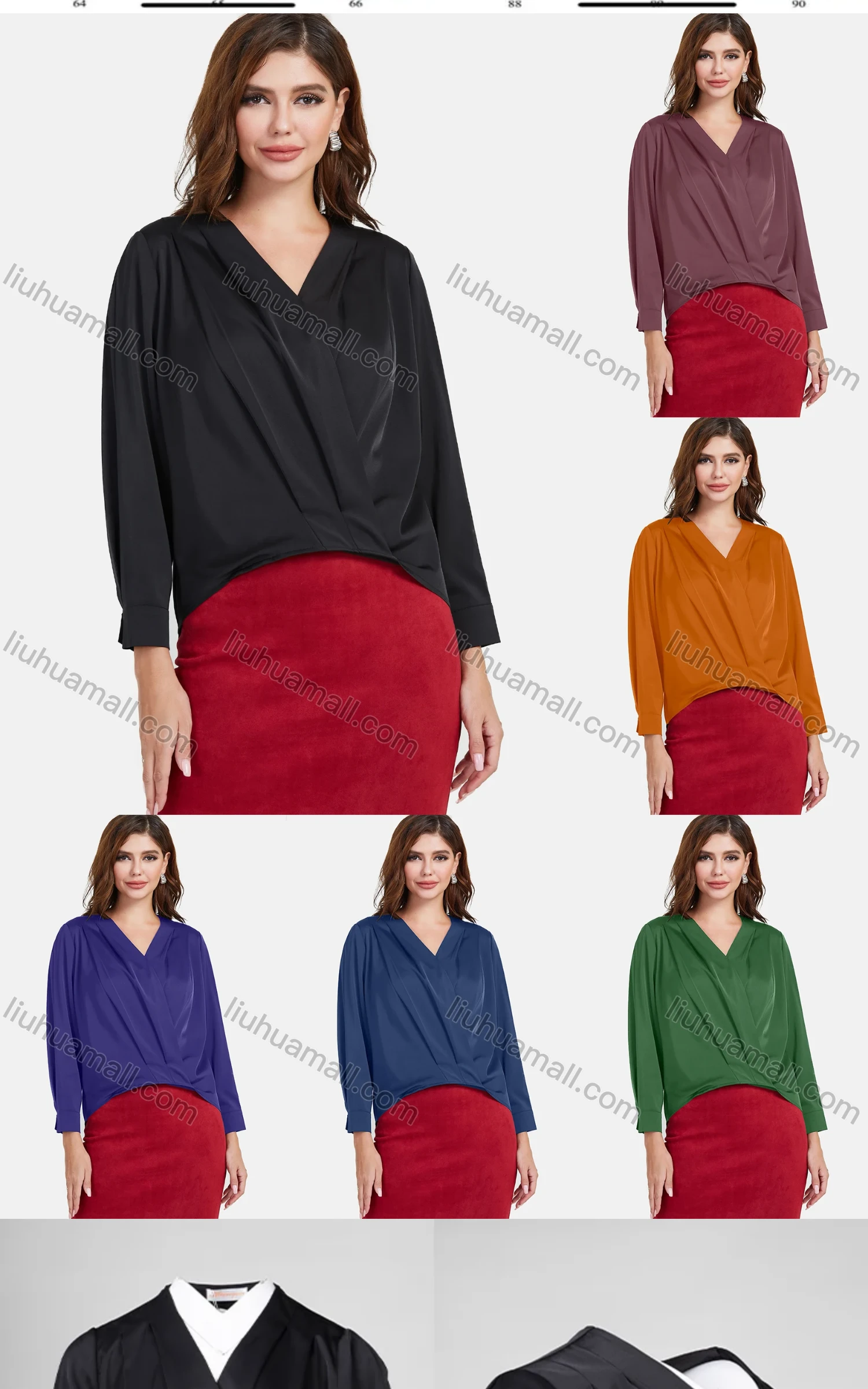 Wholesale Women's Elegant Plain Satin V Neck Long Sleeve Wrap Top - Liuhuamall