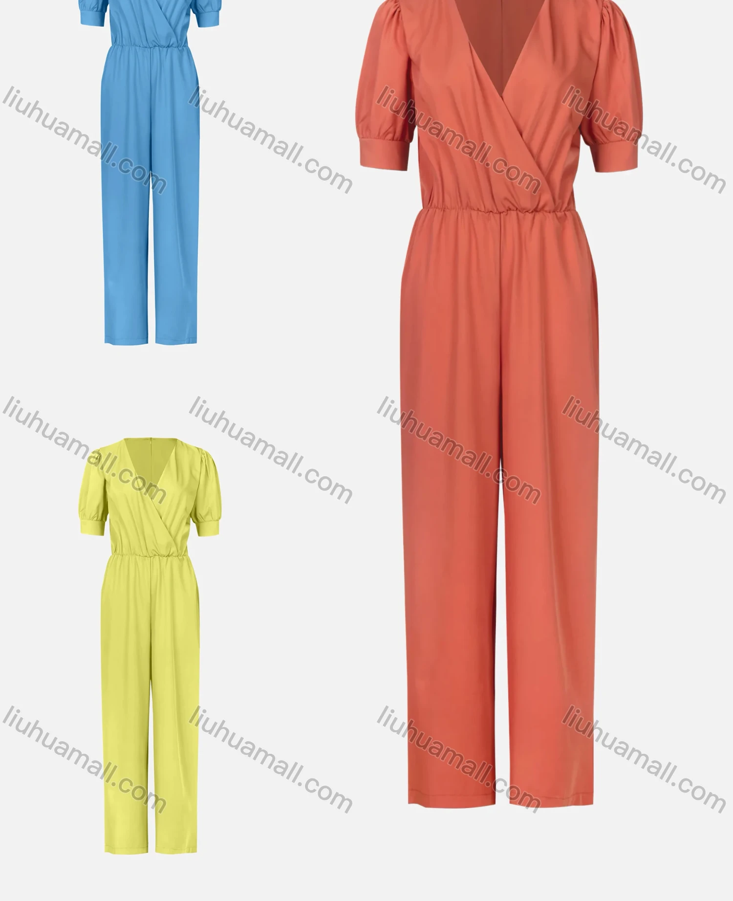 Wholesale Women's Solid Shirred Waist Wide Leg Deep V-Neck Wrap Jumpsuit - Liuhuamall