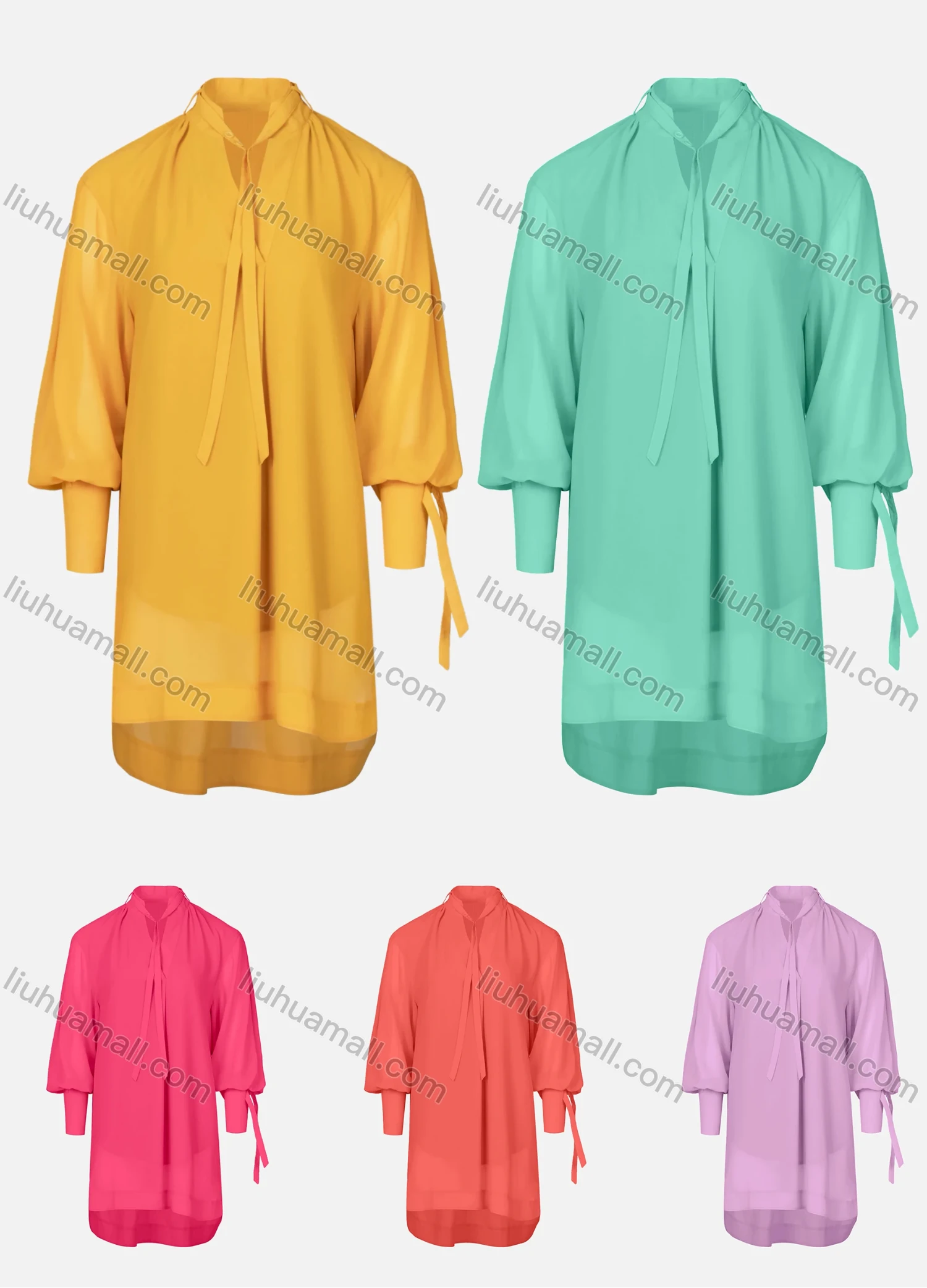 Wholesale Women's Plain Tie-Neck High Low Hem Long Sleeve Tunic - Liuhuamall
