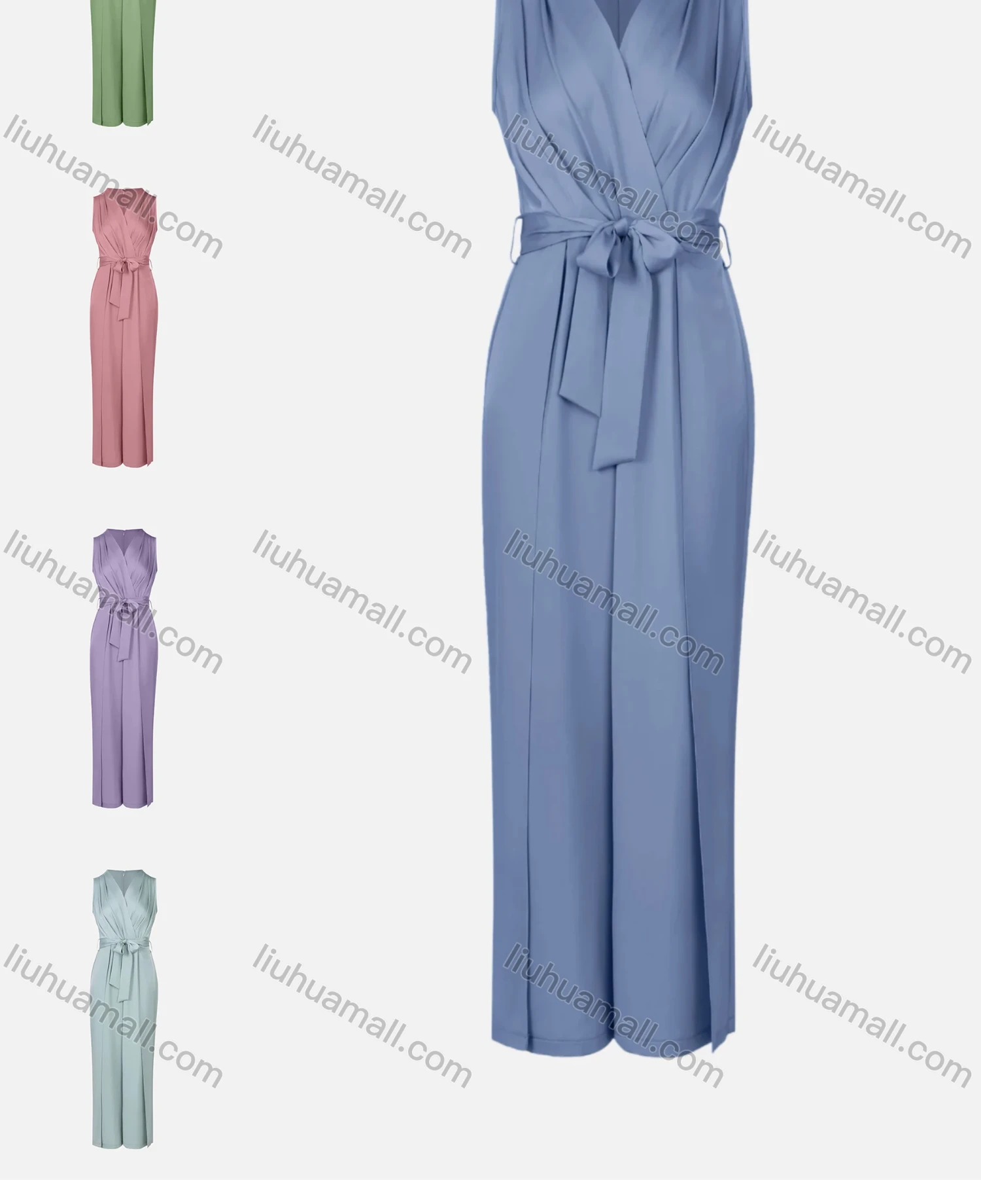 Wholesale Women's Elegant Plain High Waist Belted Wide Leg V-Neck Wrap Jumpsuit - Liuhuamall