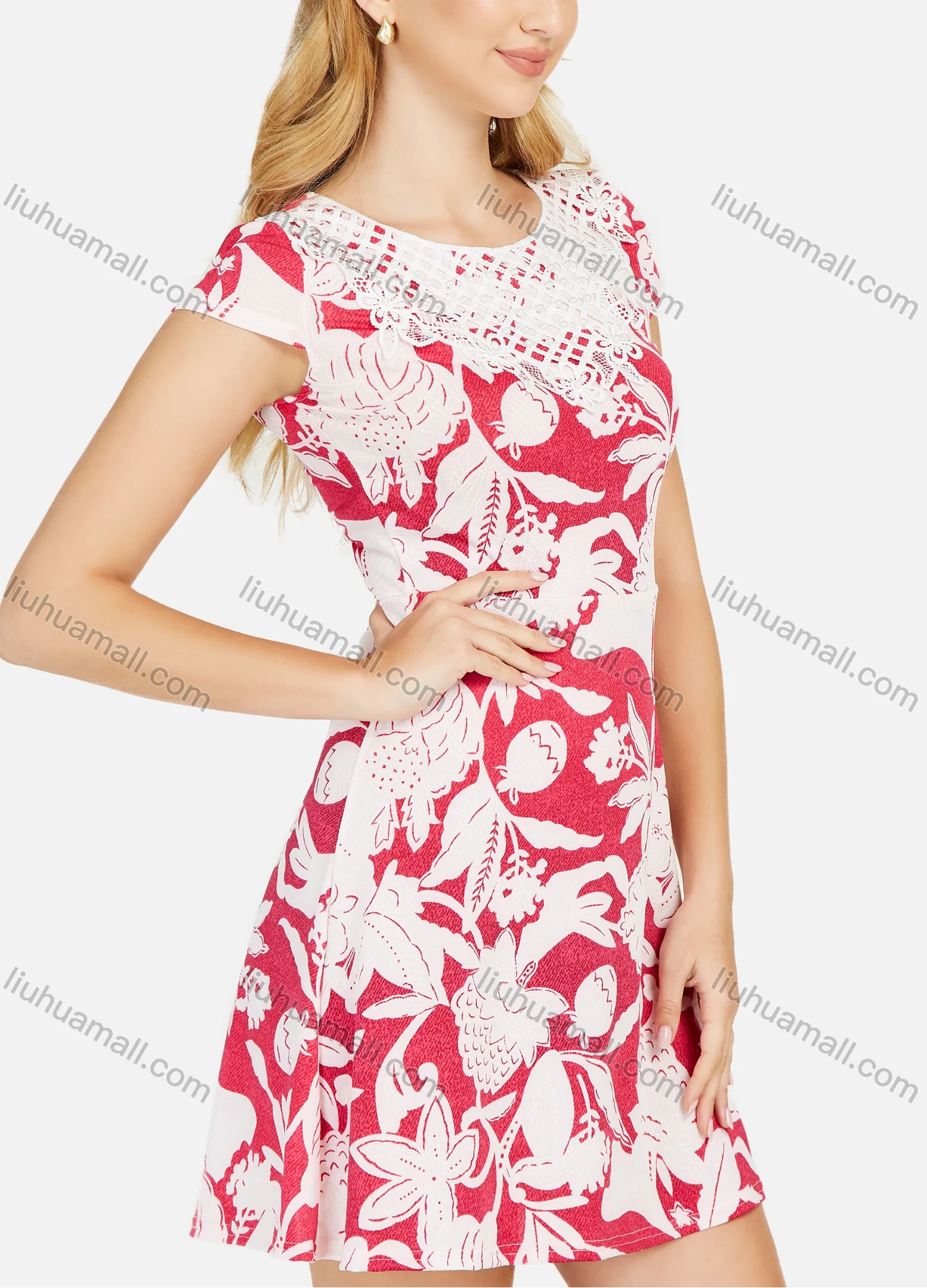 Wholesale Women's Lace Trim Cap Sleeve Floral Print A-Line Short Dress - Liuhuamall