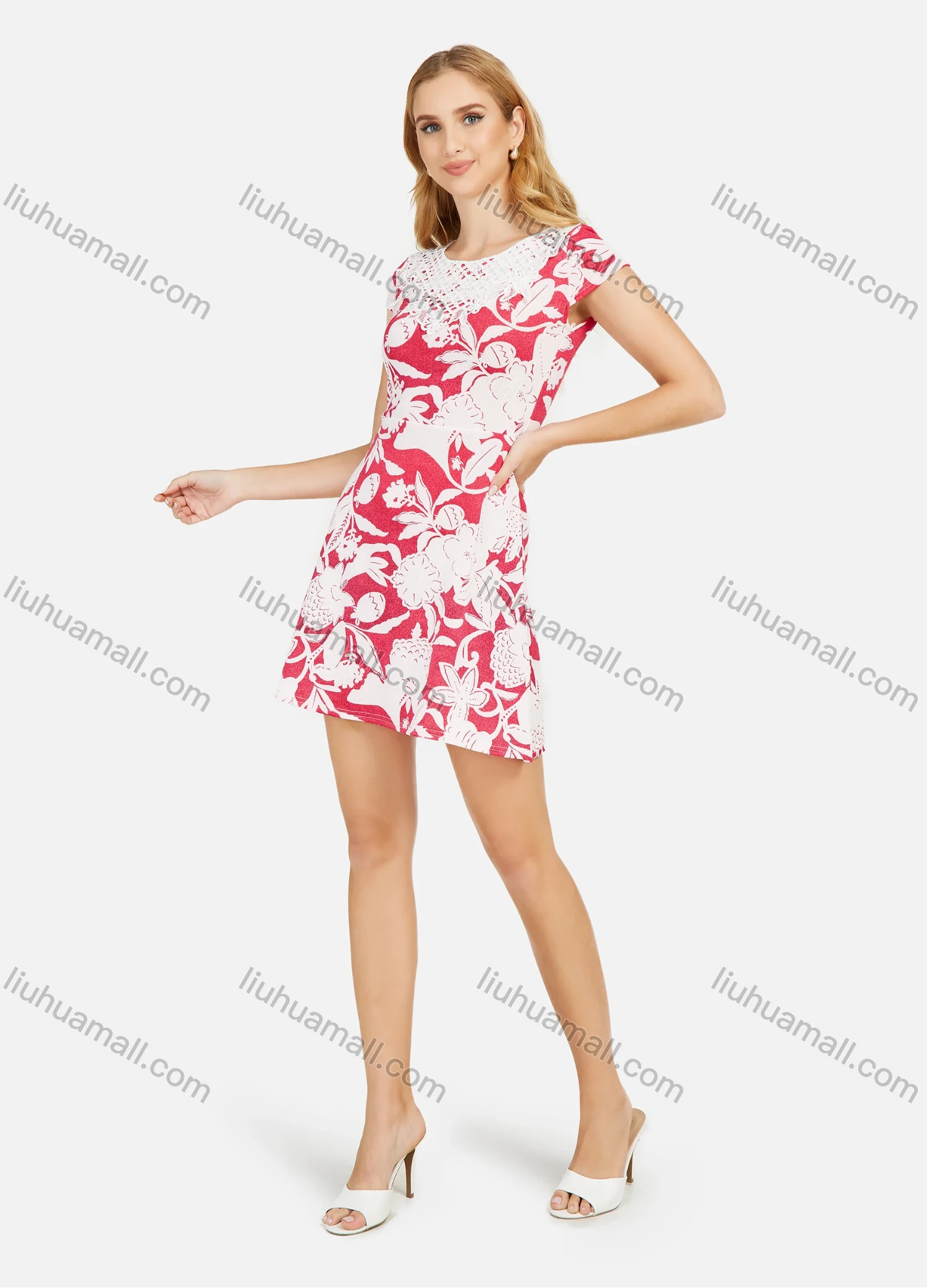 Wholesale Women's Lace Trim Cap Sleeve Floral Print A-Line Short Dress - Liuhuamall