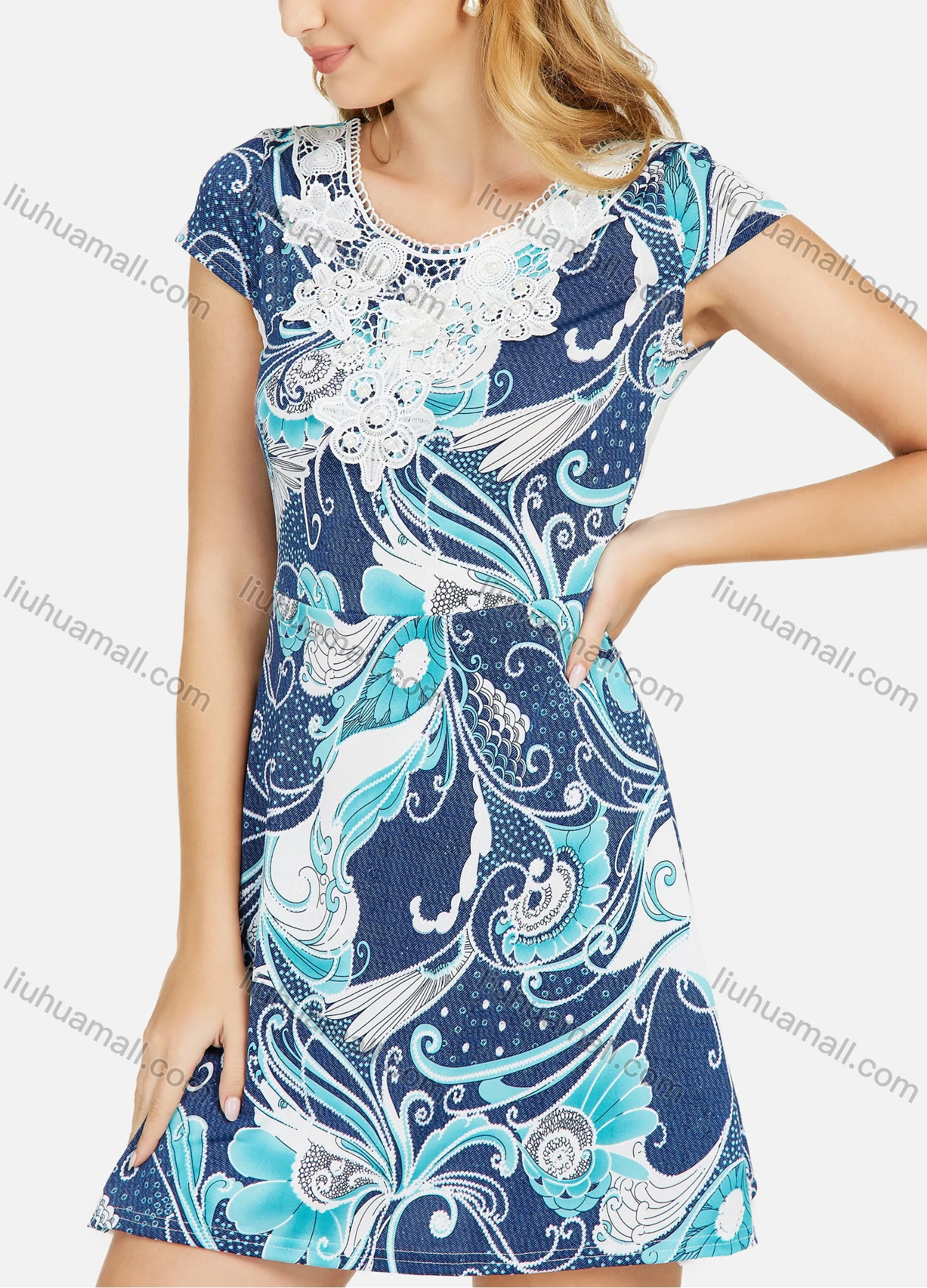 Wholesale Women's Floral Print Cap Sleeve A-Line Dress - Liuhuamall