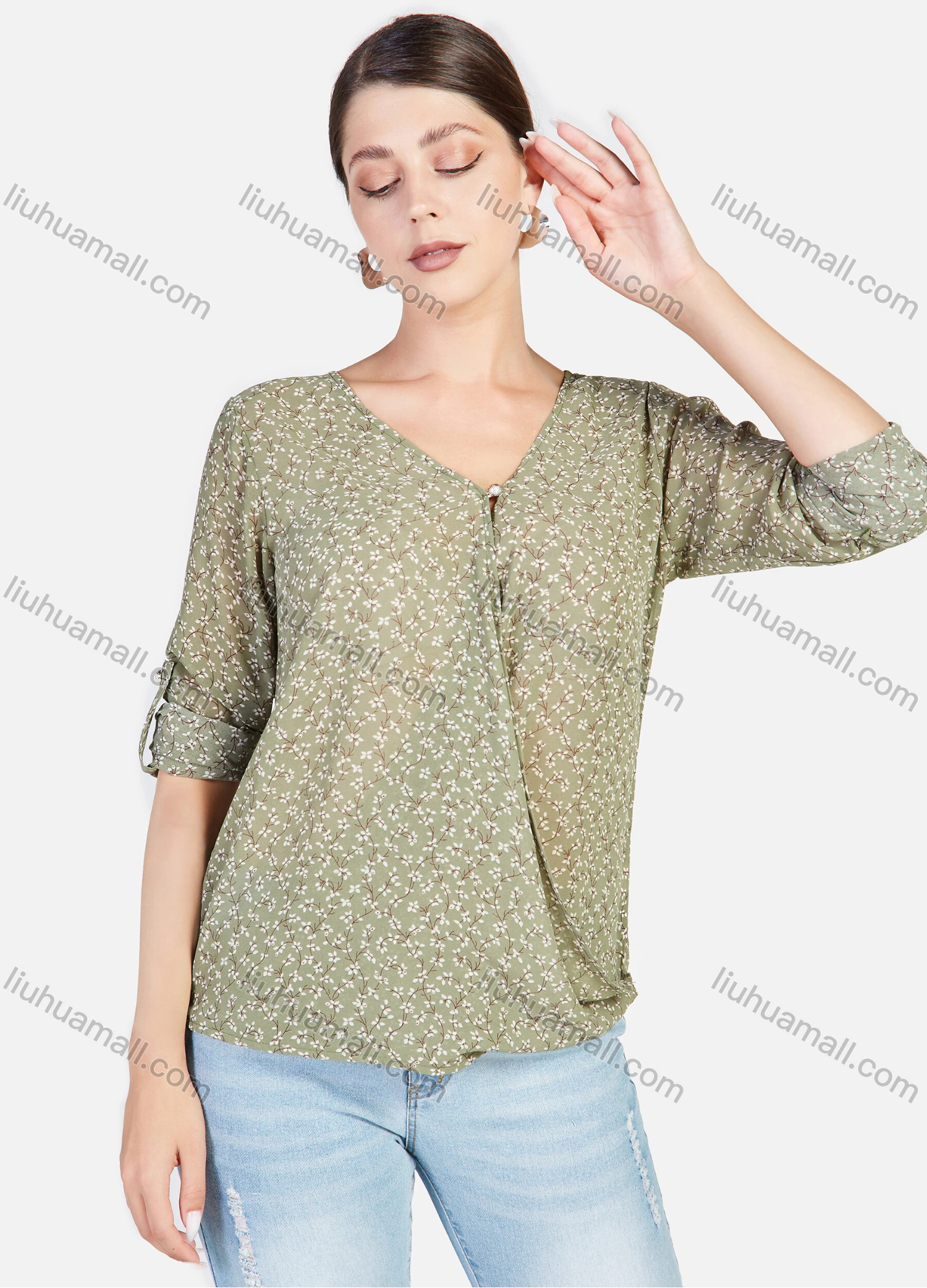 Wholesale Women's Ditsy Floral V Neck Cuffed Sleeve Keyhole Casual Blouse - Liuhuamall
